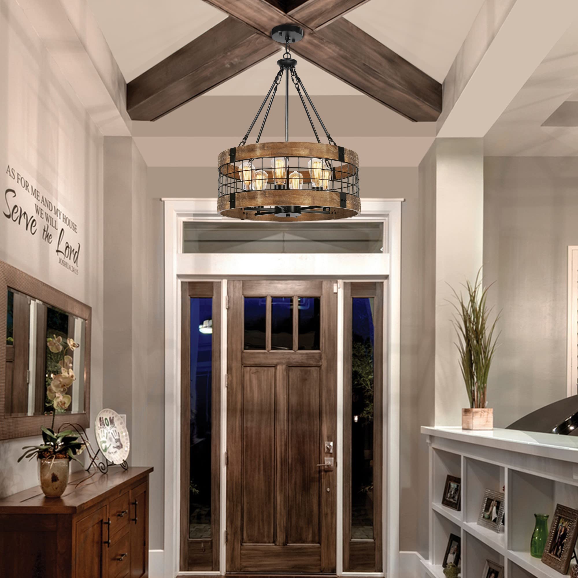 6-Light Farmhouse Wood Chandelier For Dining Room, Rustic Foyer Light Fixtures, Industrial Drum Hanging Lights For Kitchen Islan