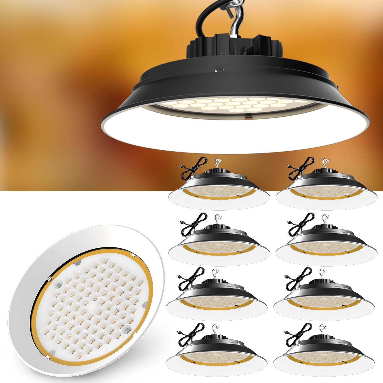 8Pack High Bay LED Lighting with Disffuser 250W (344x1W Chip) 37500lm (Eqv.1000W MH/HPS) High Bay LED Shop Lights, AC100-277V UF