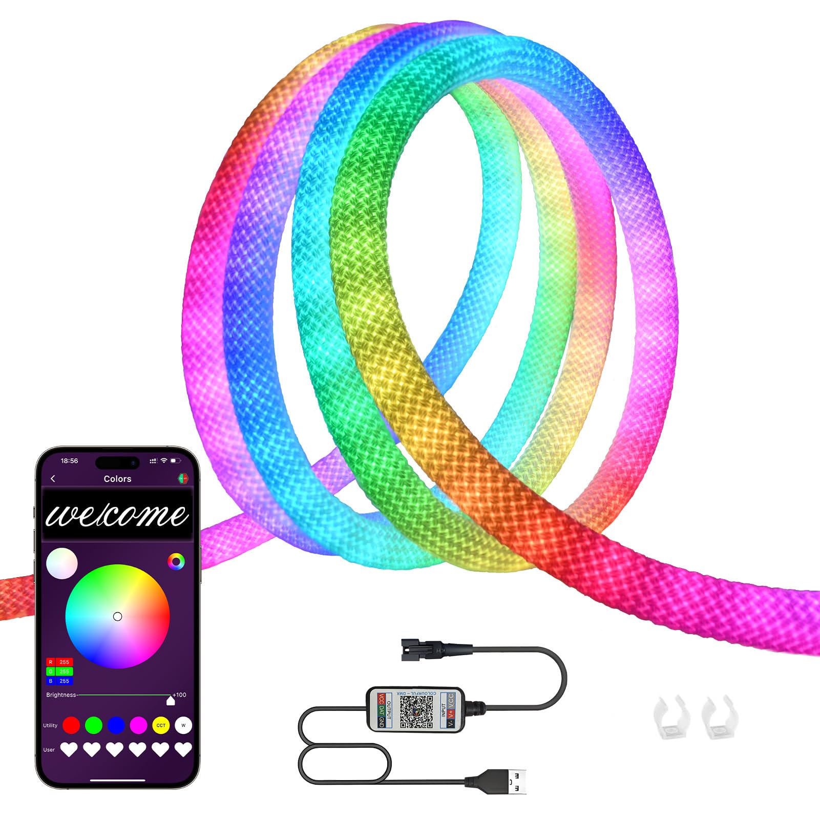 MALIIGAZA LED Rope Lights, RGB Neon Strip, 3.28ft, IP67 Waterproof, Music Sync, USB Flexible for Home Outdoor Décor, White
