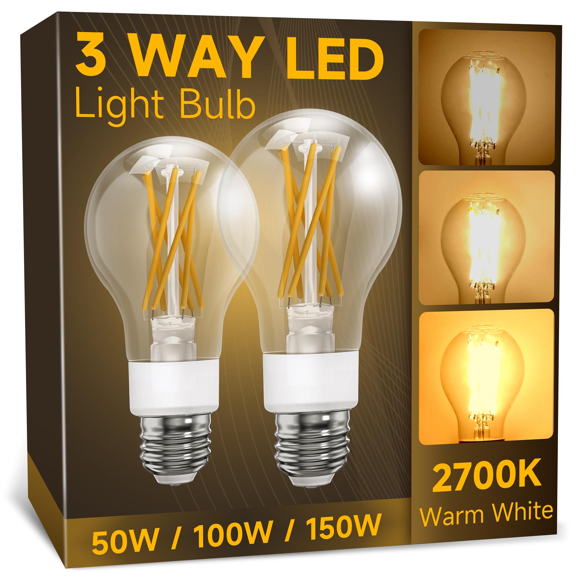 3 Way Light Bulbs 50 100 150W Equivalent, Soft White 2700K, Three Way A19 Led Filament Light Bulb With 90+ Cri, E26 Dimmable War