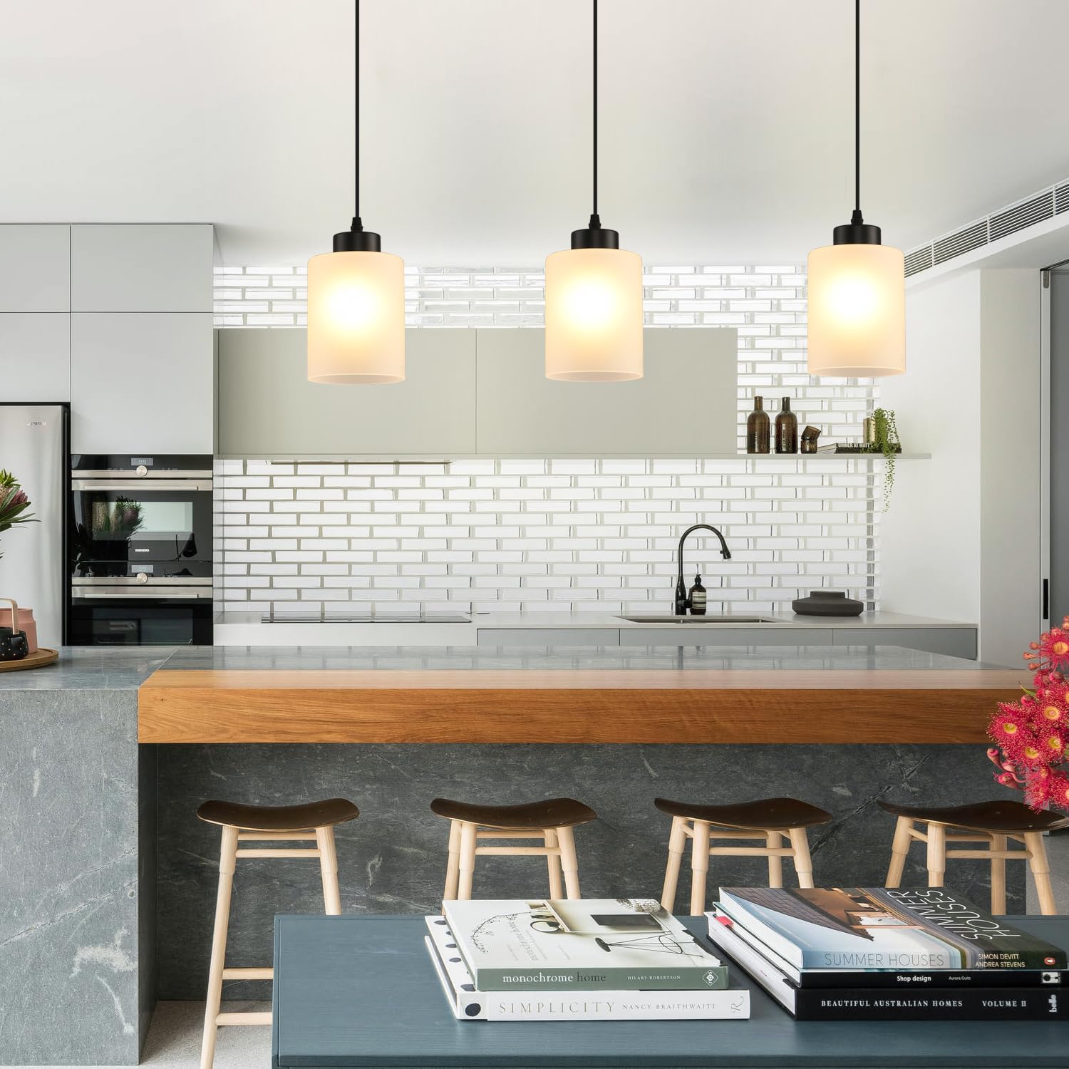 CAFULAM Modern Black Farmhouse Pendant Light, Glass Shade, Adjustable, 3 Pack, Milk Glass Black