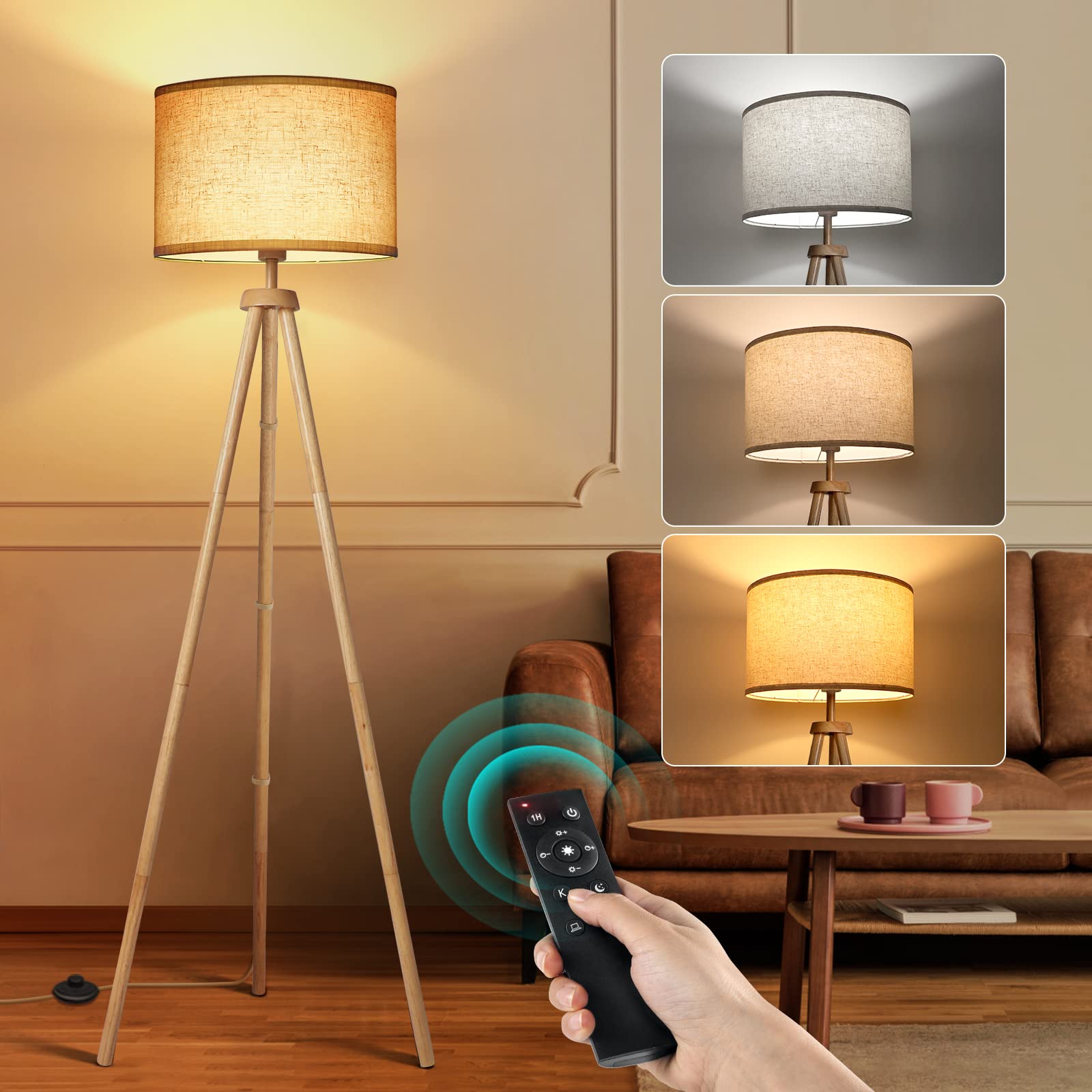 OUTON Tripod Floor Lamp with Remote Control, Dimmable, 4 Color Temperatures, Beige Linen Shade, Nature Wood Finish