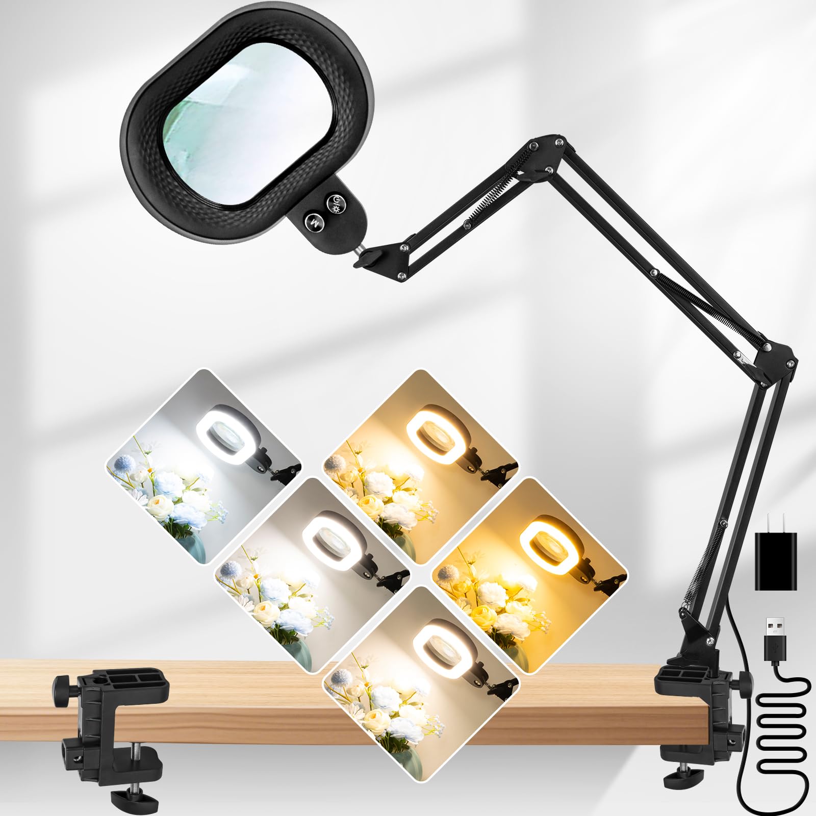 KMDES 12X Magnifying Glass with Light and Stand, Extended Long Arm Magnifying Lamp for Close Work,Craft,Reading,Sewing,Workbench