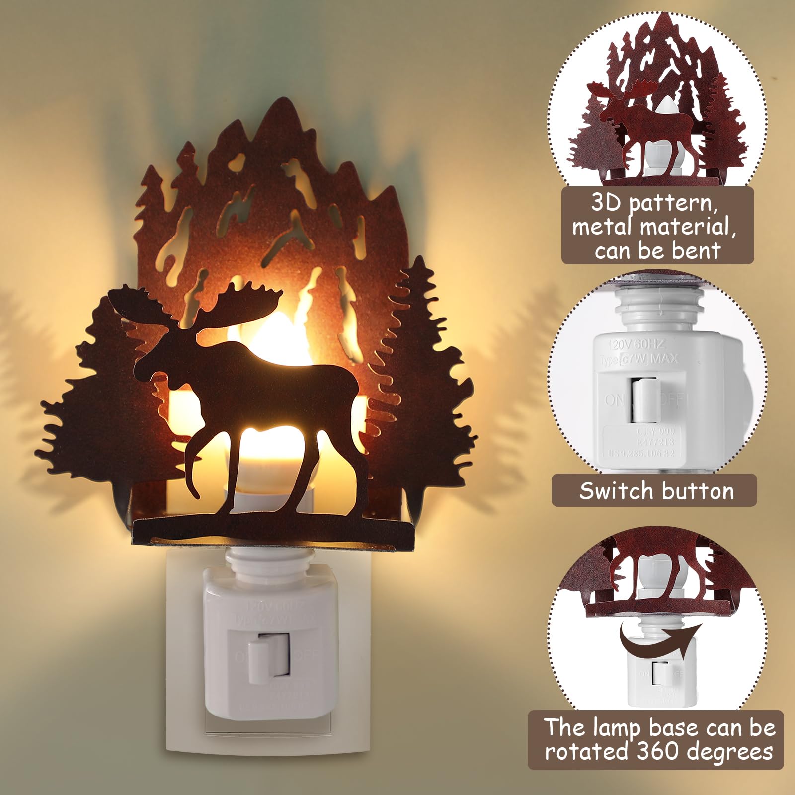 Tuanse Metal LED Night Light - Vintage Forest Moose Design, Red Brown, Model ER-Tuanse-1746, Perfect for Bedroom and Holiday Decor
