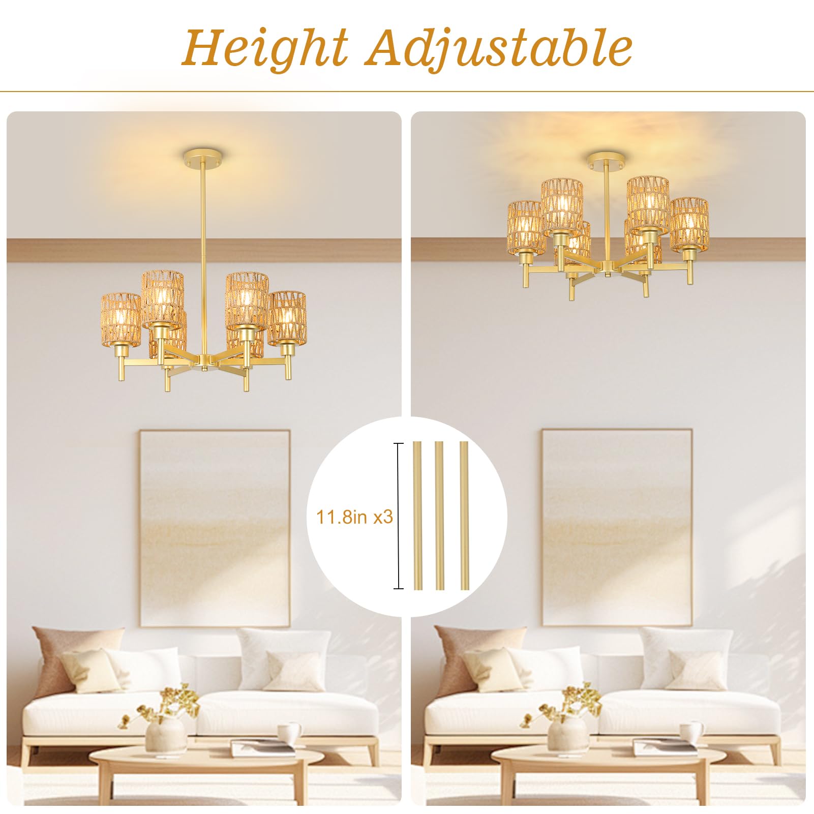 6-Lights Gold Chandelier Light Fixture - Boho Rattan Chandeliers For Dining Room, Farmhouse Kitchen Lighting Fixtures Ceiling, H