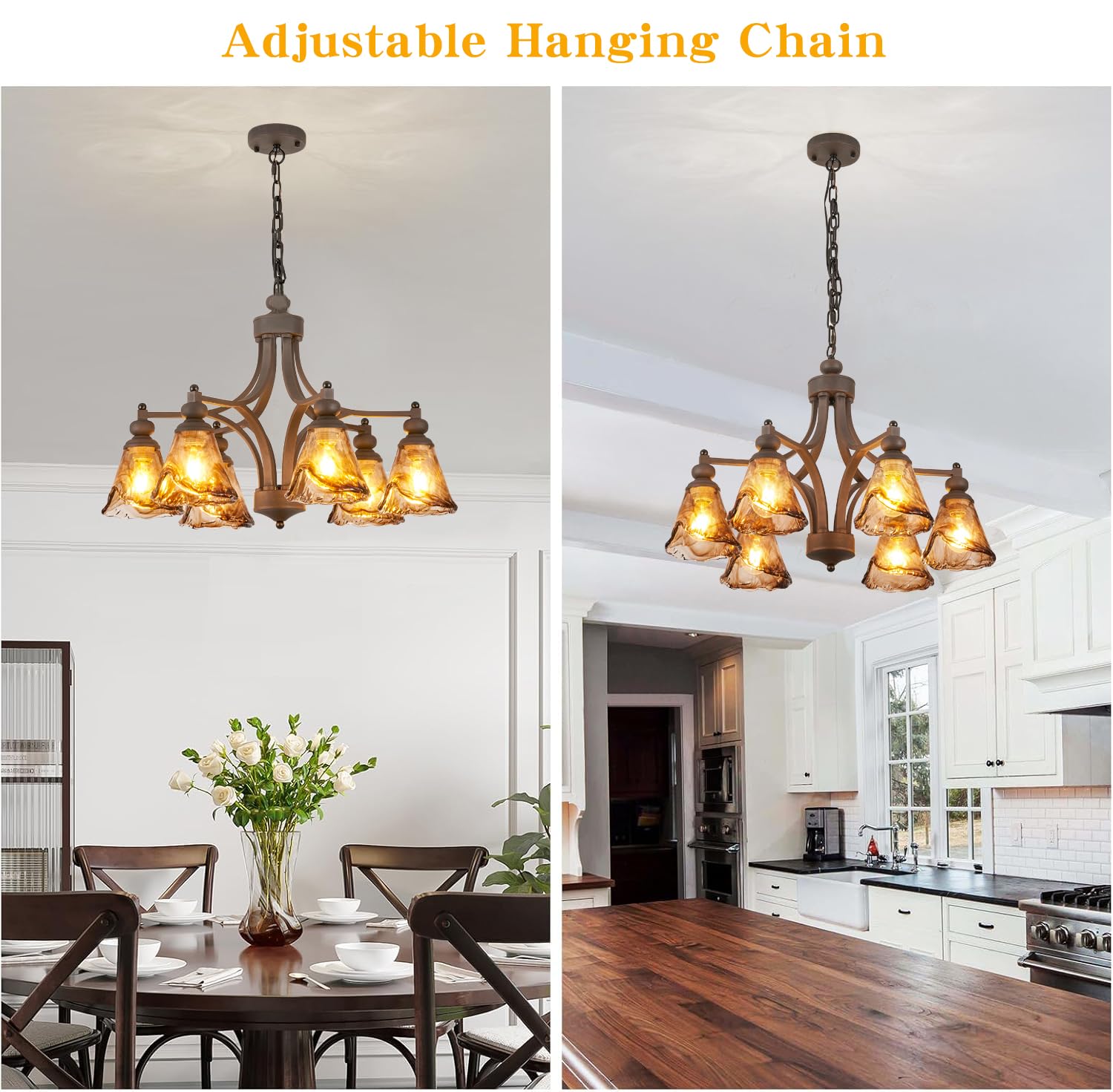 Lanpesting Vintage Farmhouse Chandelier  27 Inch Adjustable Amber Glass Rust-Finish Metal Pendant Light Fixture For Living Room  Bedroom  Dining Room  Kitchen Lighting (6-Light)