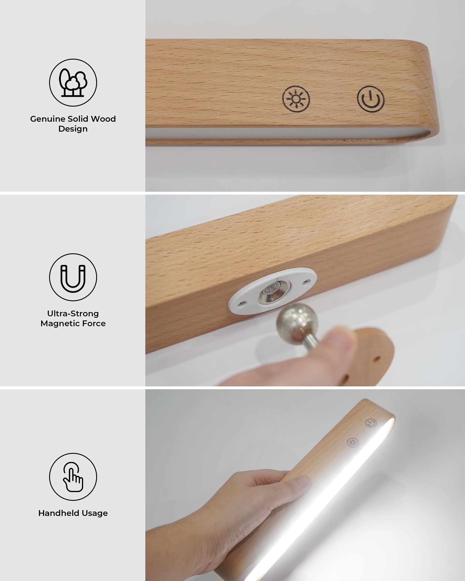 PopoIron Rechargeable LED Wall Sconces, 360° Magnetic Rotation, 3 Color Dimmable Brightness, White Beech, 2 Pack, Model WL15