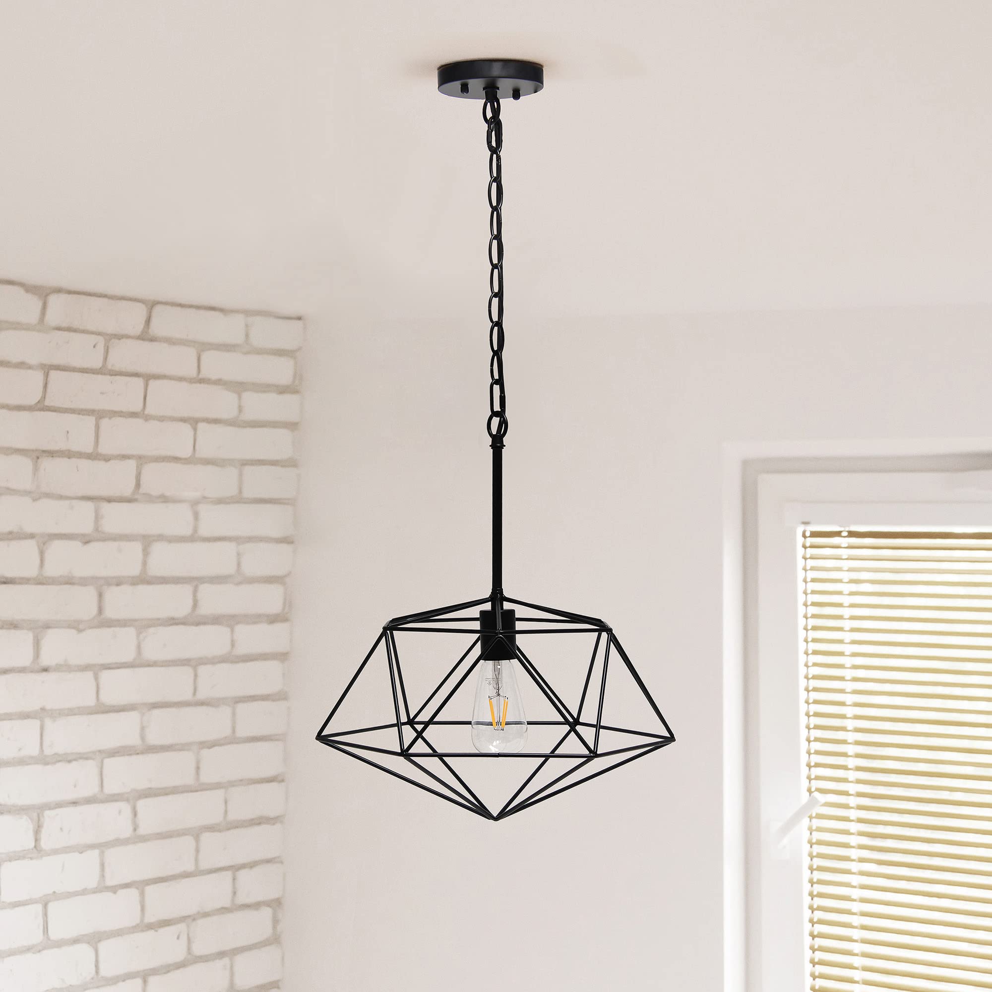 Elegant Designs PT1011-BLK 16in Geometric Diamond Pendant Light Fixture, Black, Iron, Industrial Metal Wire Cage