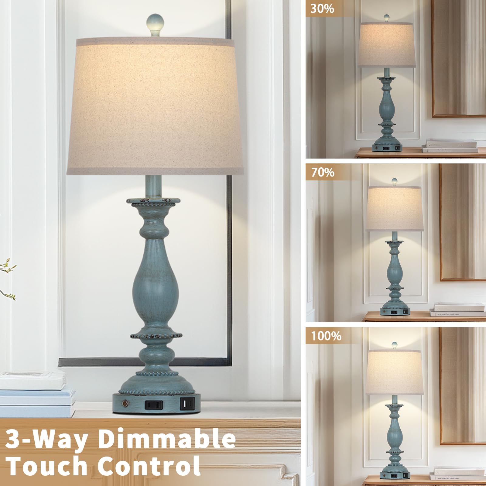 Cinsary 28'' Tall Coastal Table Lamps For Living Room Set Of 2, Farmhouse Rustic Blue Bedside Touch Lamp With Usb C+A Ports & Ou