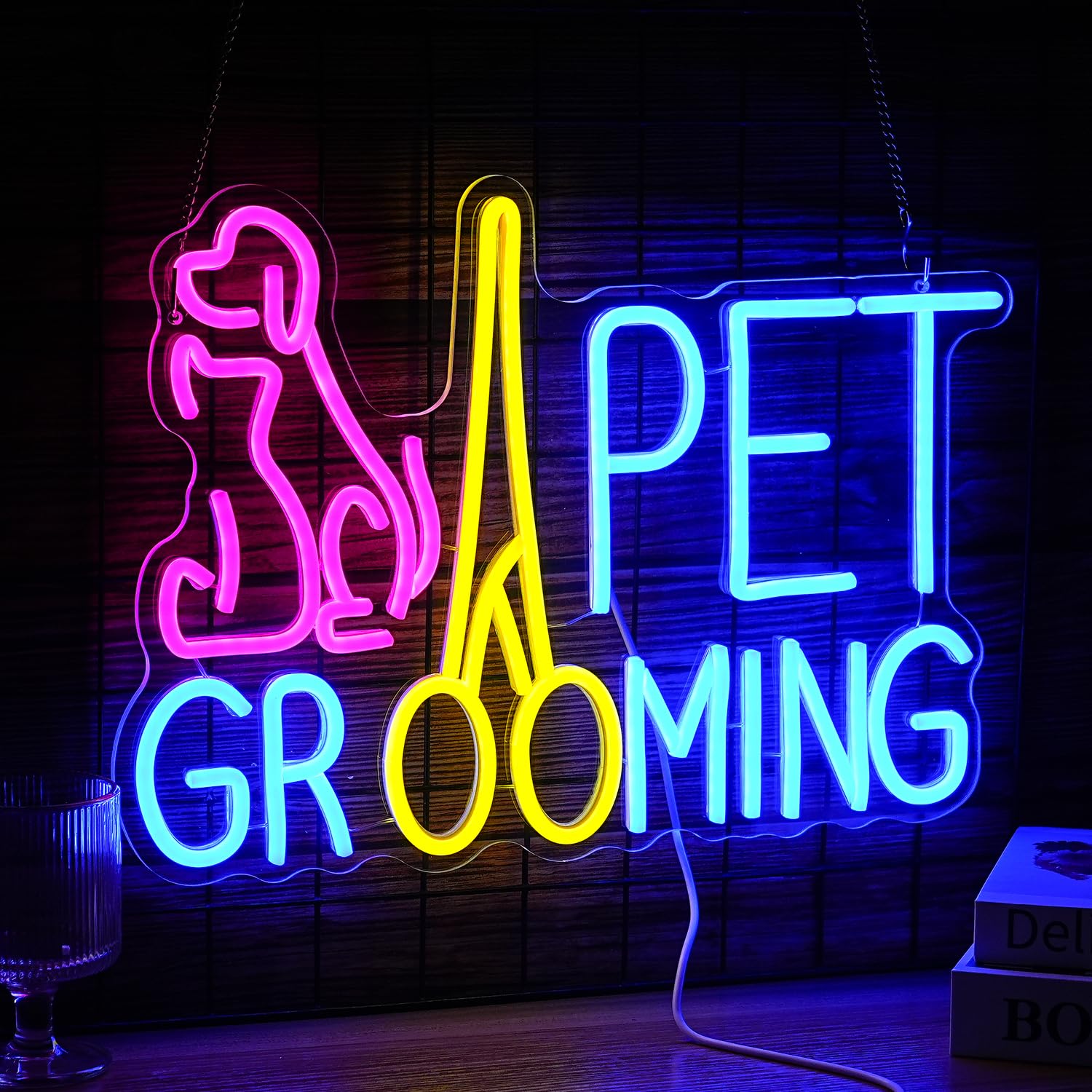 LISIGNVE Pet Grooming Neon Sign Dimmable LED Light 16.7inx12in Pink Acrylic for Wall Decor, USB Powered, Cat Dog Animal Gift