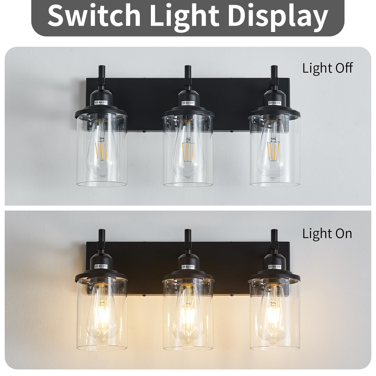 Lanhall 3-Light Black Bathroom Vanity Light Fixture, Modern Farmhouse Design, Glass Shade, Model 500-100-1072