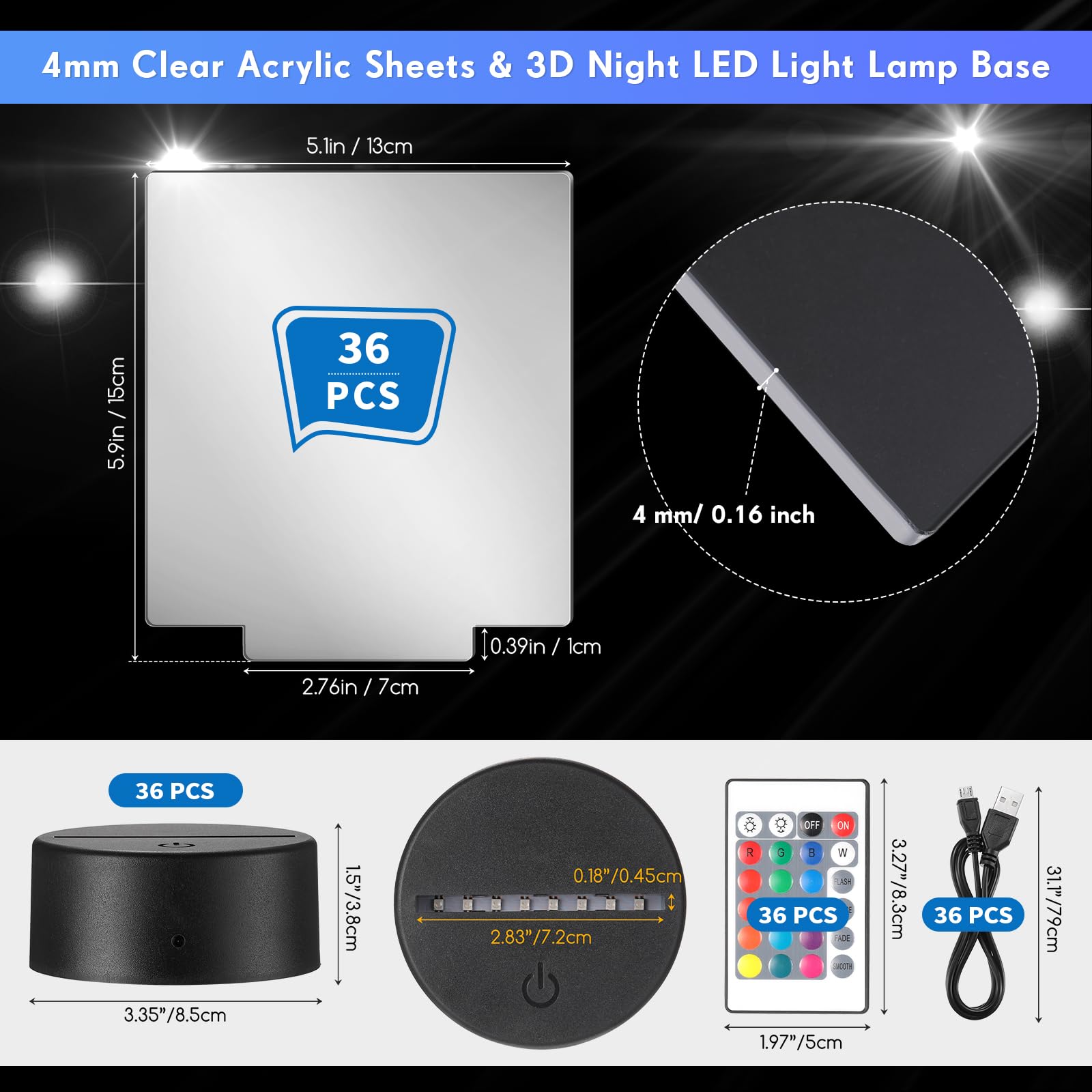 VIHOSE 36 Sets 3D Night LED Light Base with 36 Acrylic Sheets, 16 Colors & Remote Controls for DIY Craft Room, Bar, Office