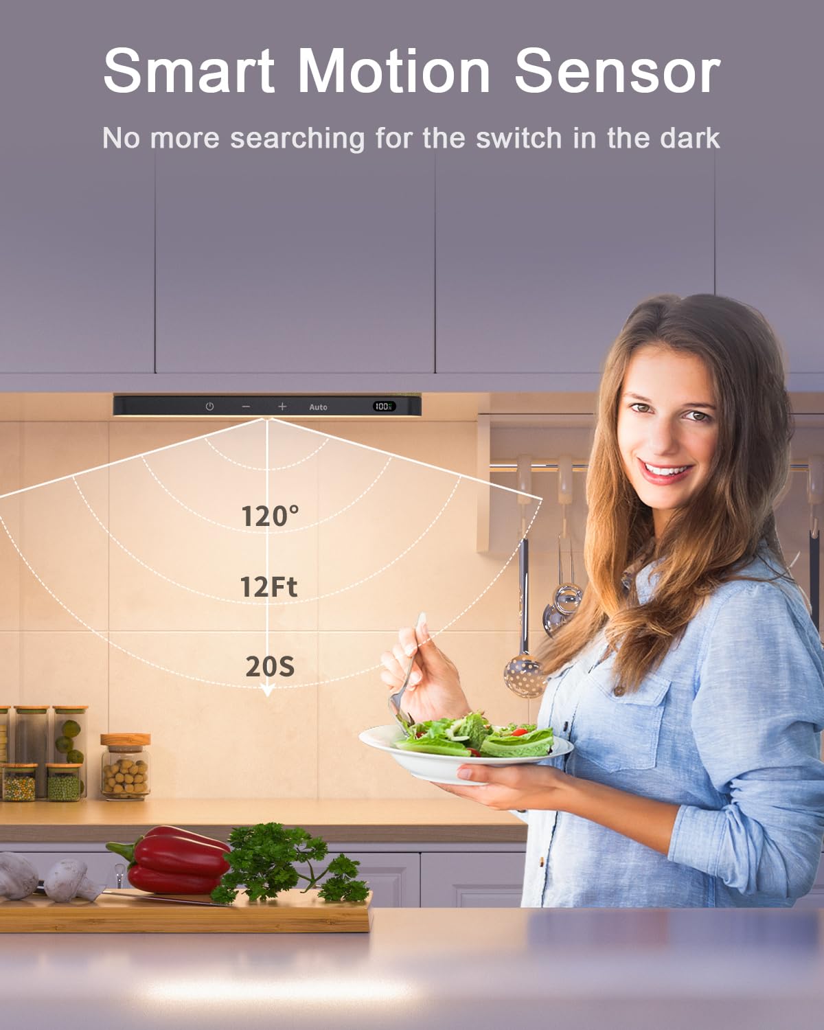 Ferswe Closet Lights Rechargeable, Battery Level Display, Dimmable Battery Powered Lights, 3000K Motion Sensor Light Indoor, 60