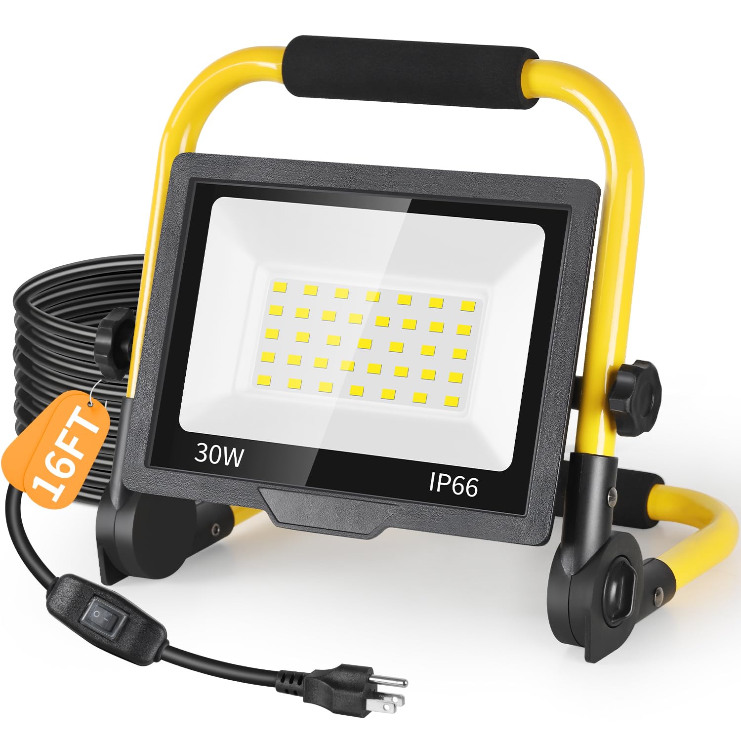 ISUERFY 30W LED Work Light, 3600 LM Portable Flood Light, IP66 Waterproof, 16ft Cord & Switch, Black, Model SUER-GZD-30W-1