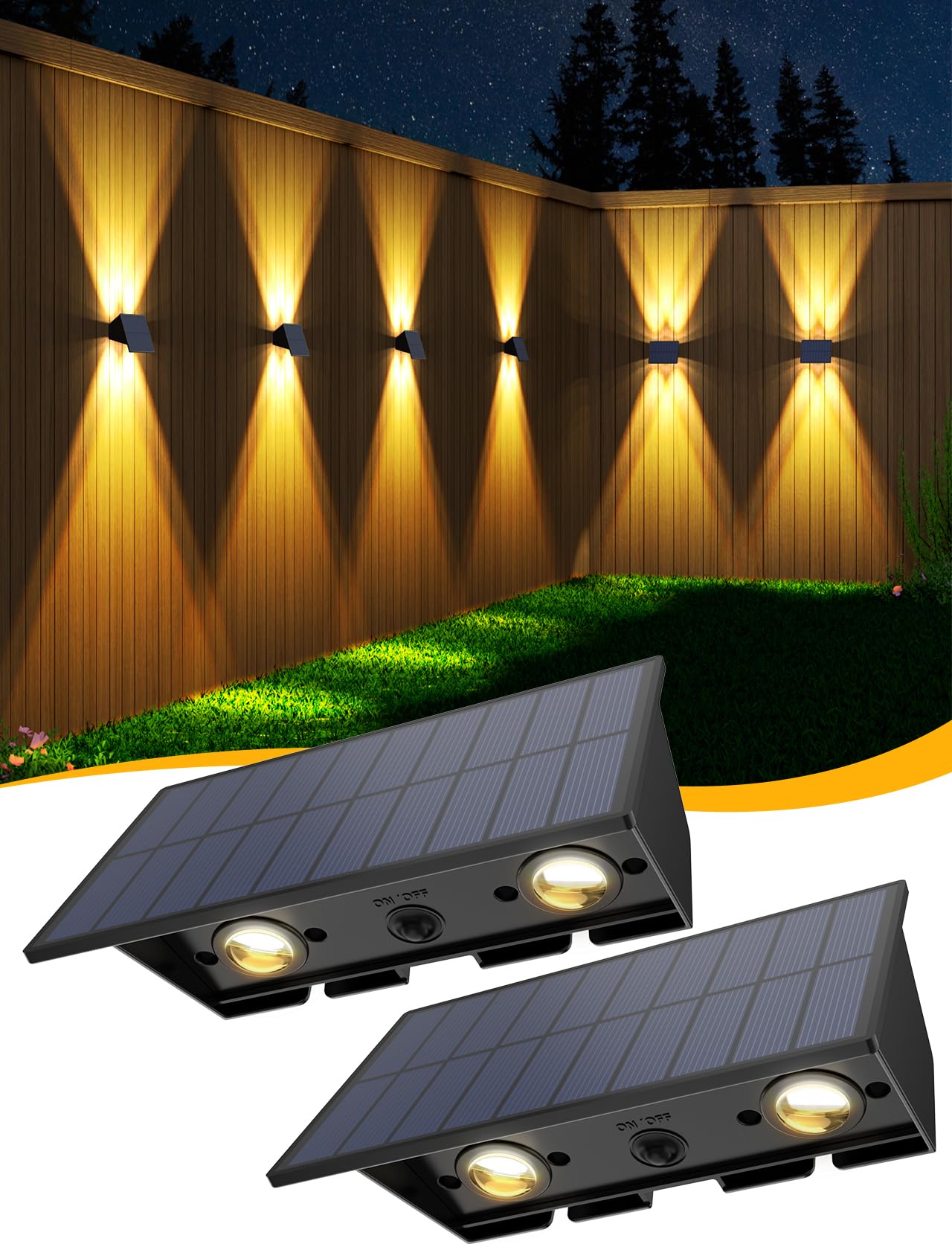 Solar Fence Lights,2Pack Solar Lights Outdoor Warm White Up & Down Solar Wall Lights Waterproof 100 Lumens Dusk to Dawn Solar Po
