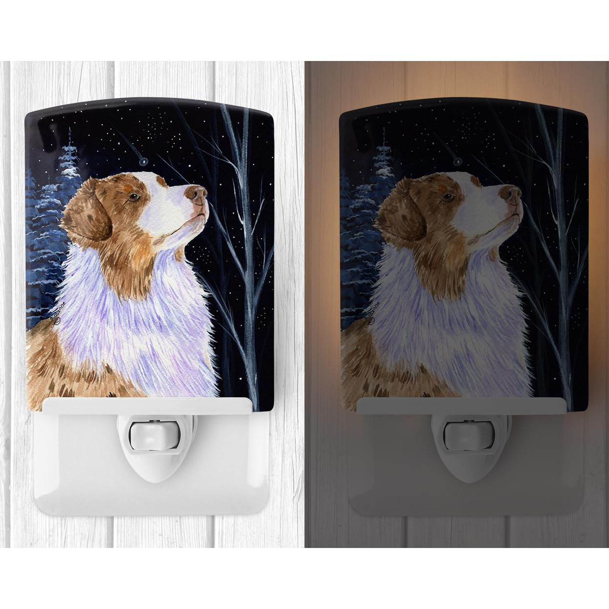 Caroline'S Treasures Ss8375Cnl Starry Night Australian Shepherd Ceramic Night Light Compact, Ul-Certified, Ideal For Bedroom, Bathroom, Nursery, Hallway, Kitchen, 6X4X3, Multicolor
