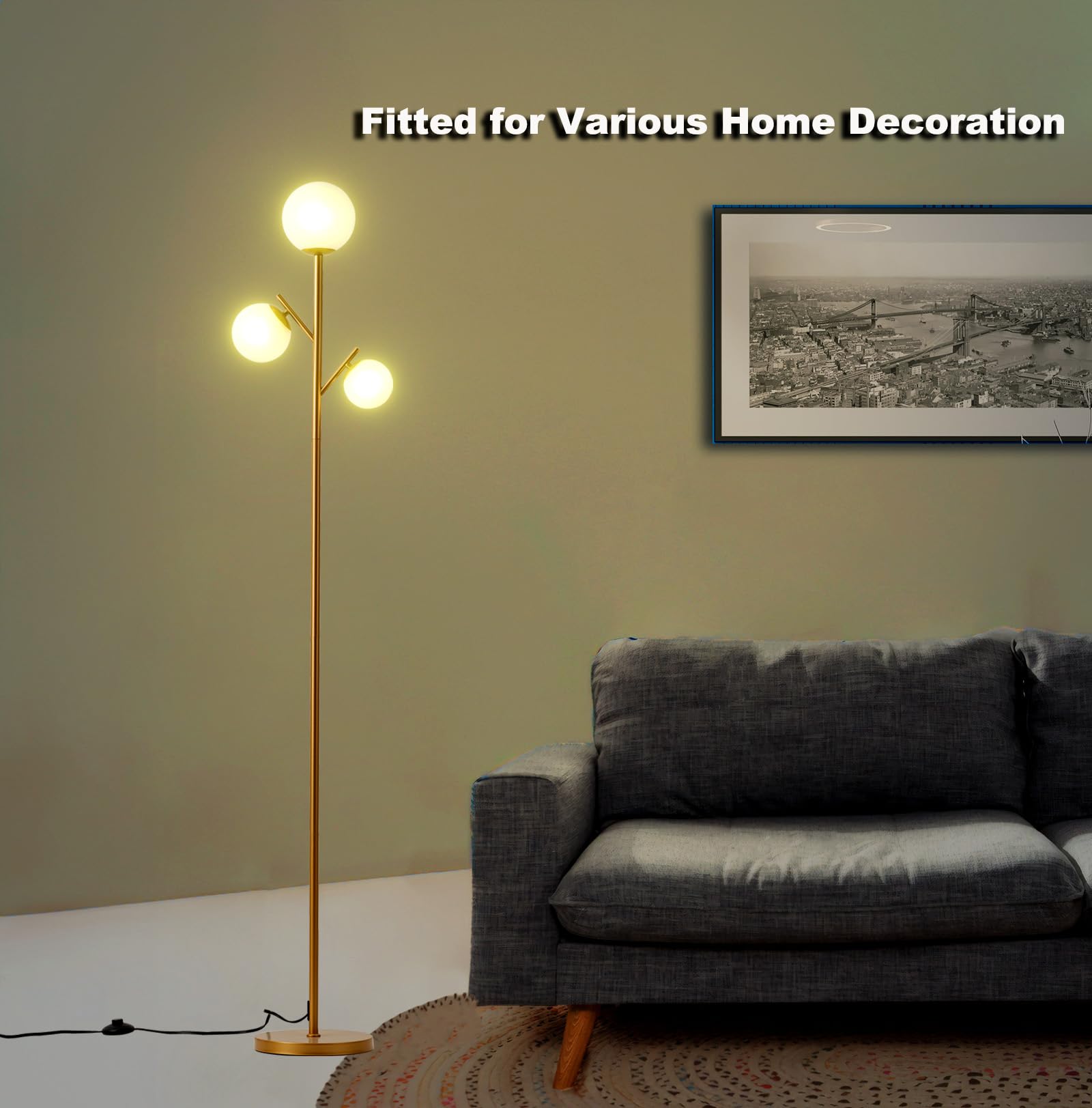 Fiqevs Mid Century 3 Globe Floor Lamp - Vintage Gold With Led Bulbs & Frosted Glass Shades