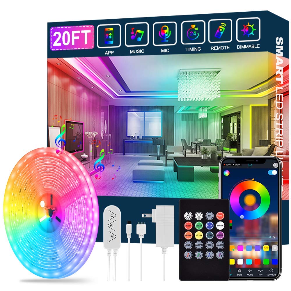 Led Strip Lights,20Ft Led Light Strips Music Sync Color Changing Rgb Led Strip Built-In Mic,Bluetooth App Control Led Rope Light