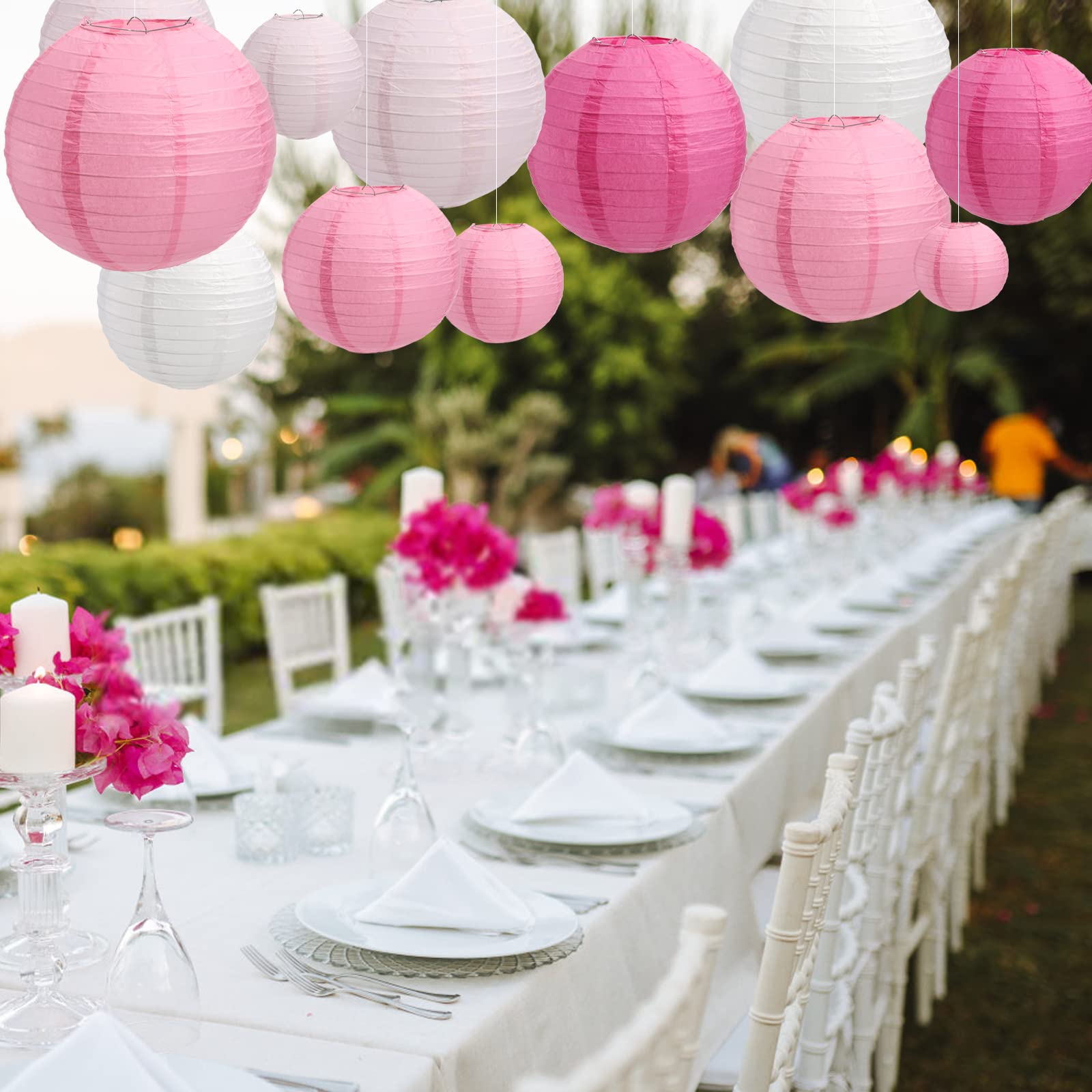 Tosnail Set Of 20 Pieces Pink And White Paper Lanterns With 43 Yards Crystal Strings, Chinese Lanterns, Pink Party Decoration, V