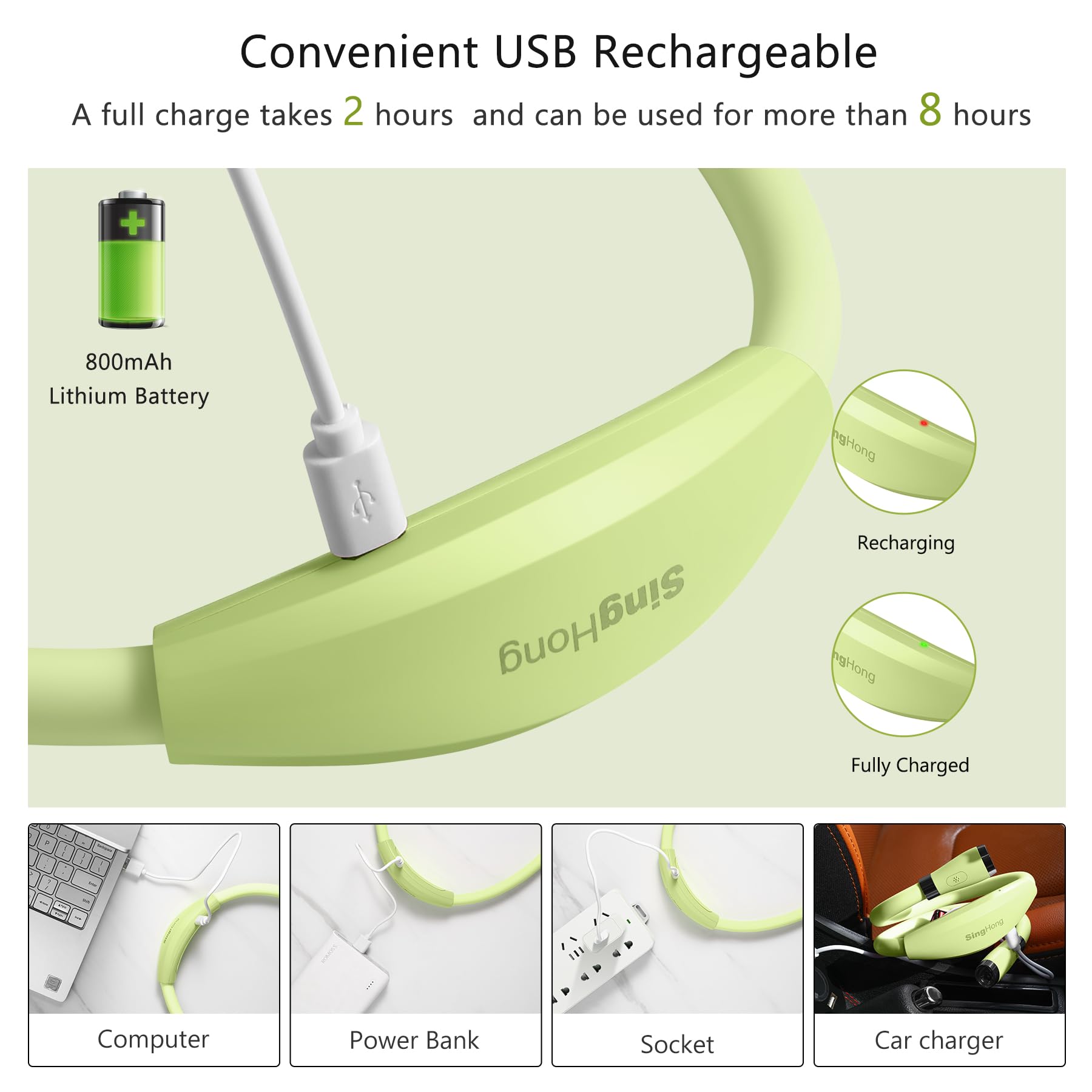 SingHong Neck Book Light - LED Reading Lamp, USB Rechargeable, 4 Brightness Levels, Small, Green, Model SHNBL-G03