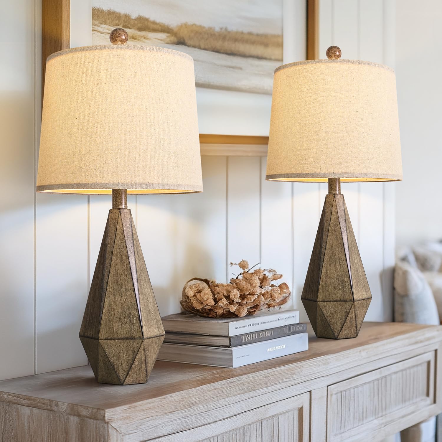 PoKat 23in  Farmhouse Table Lamps Set of 2, Dark Wood Resin, Rustic Design for Living Room and Bedroom, Model AMZ-T1042M-GL