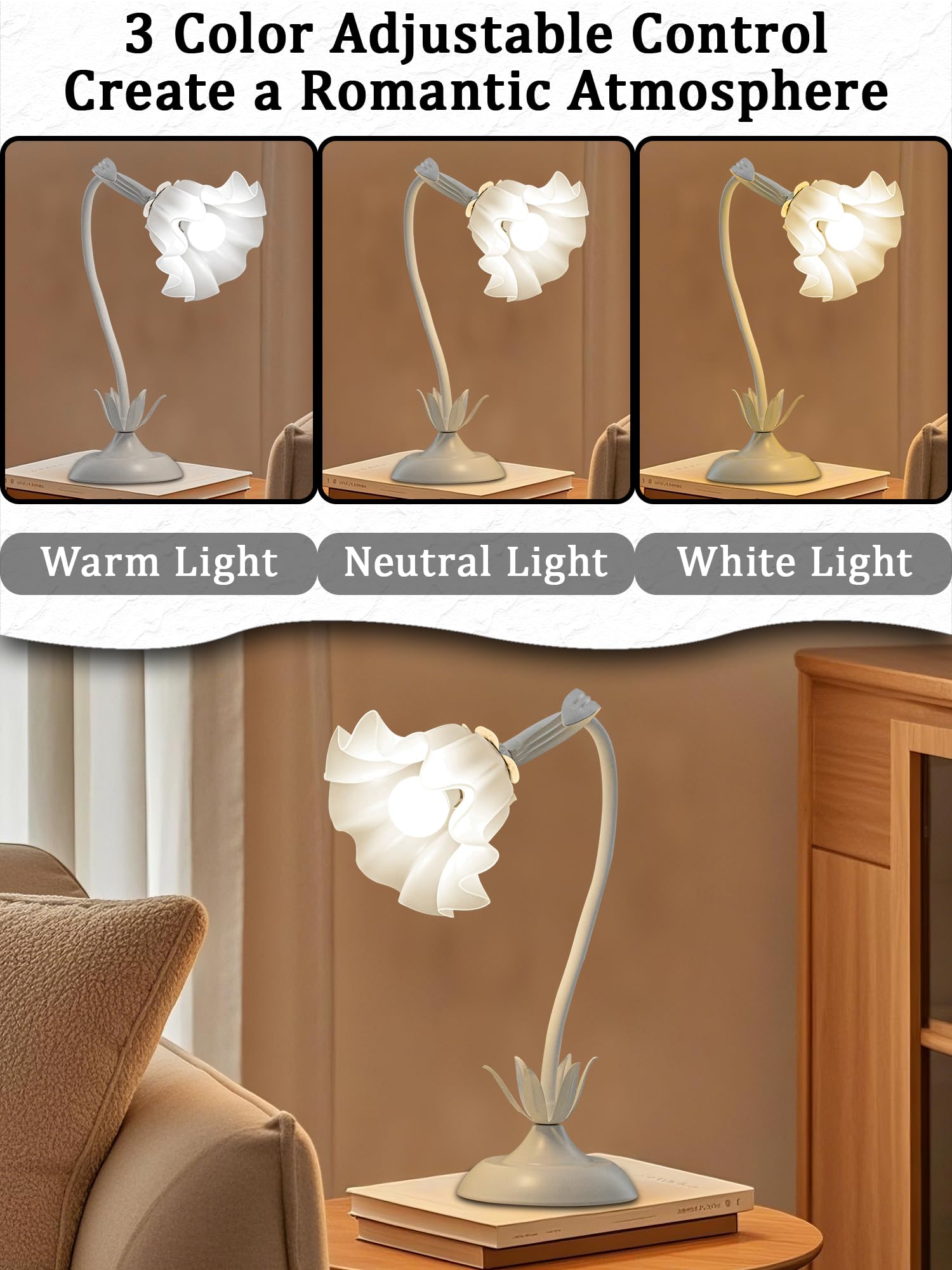 WULCFCH Flower Table Lamp, Vintage Lily of The Valley, Adjustable Gooseneck, LED, 3 Color Modes, White