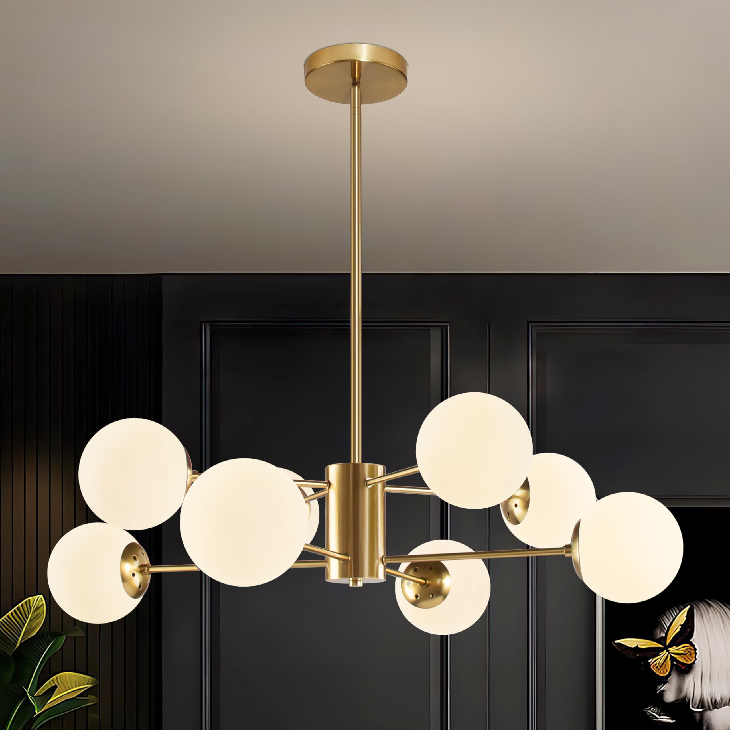 Bagood 8-Light Globe Sputnik Chandelier Gold Mid Century Modern Light Fixture Brushed Brass Finished with White Frosted Globe Gl