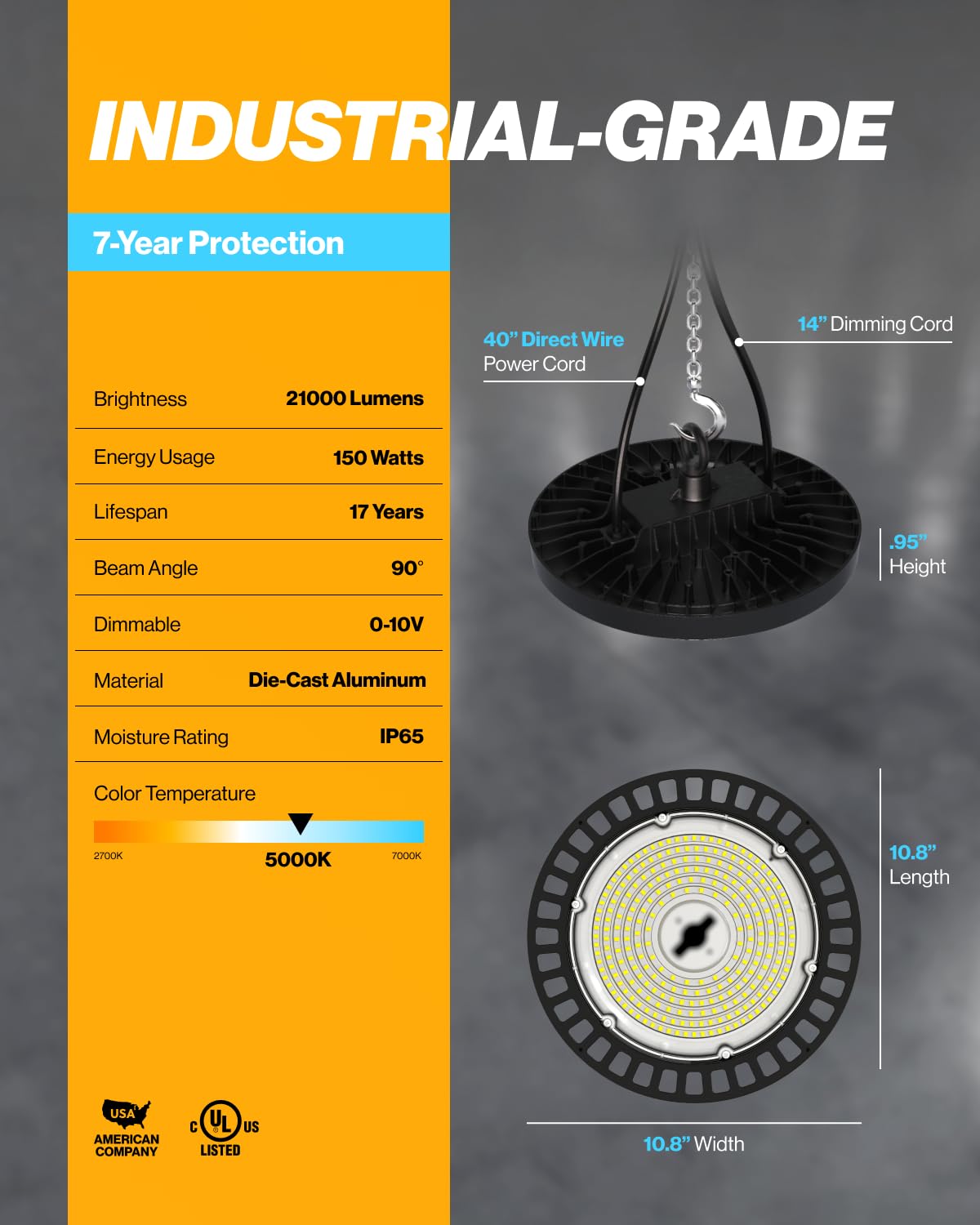 Sunco Ufo Led High Bay Light, Lighting For Warehouse, 5000K Daylight, 150W, 21000 Lm, 100-277V, Dimmable 0-10V, Ip65 Waterproof,
