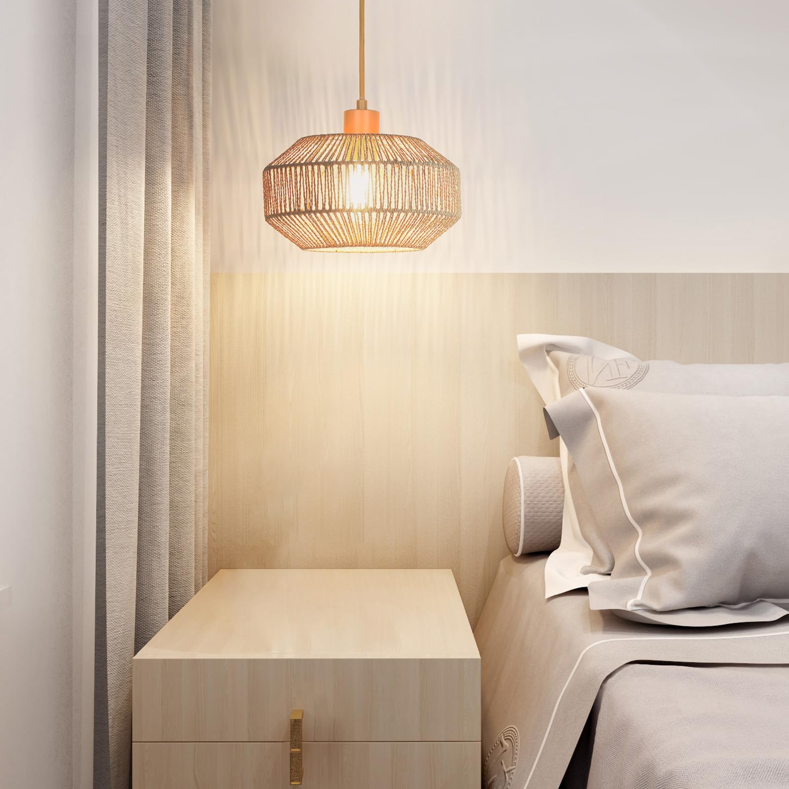 Qingmiao Woven Rattan Pendant Light - Boho Hanging Lamp, Dimmable For Kitchen & Dining Room