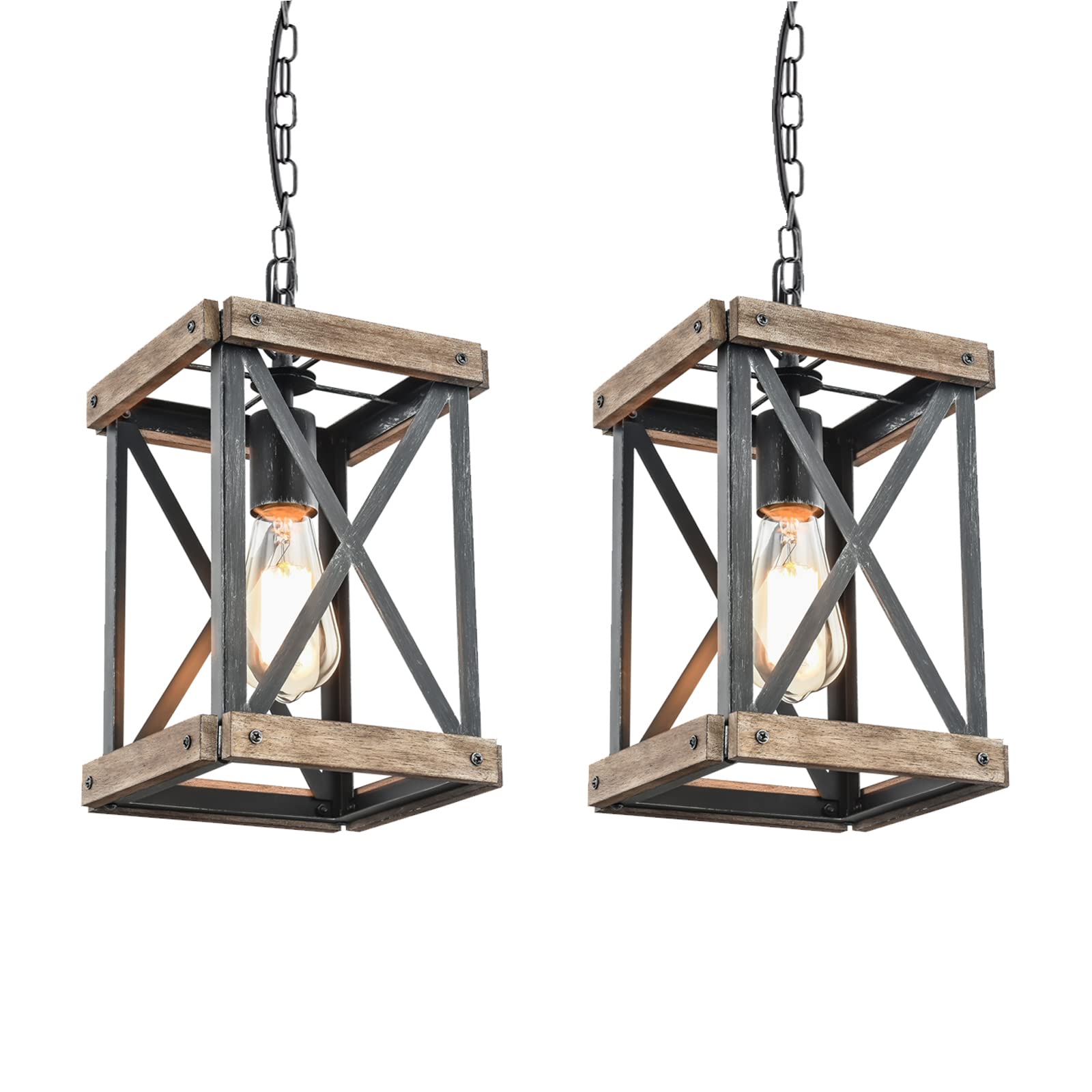 Wochos Farmhouse Pendant Light, Adjustable Metal And Wood Chandelier Light Fixture, Rustic Pendant Lighting For Kitchen Island, Bedroom, Dining Room And Entryway (Brown), 2 Pack