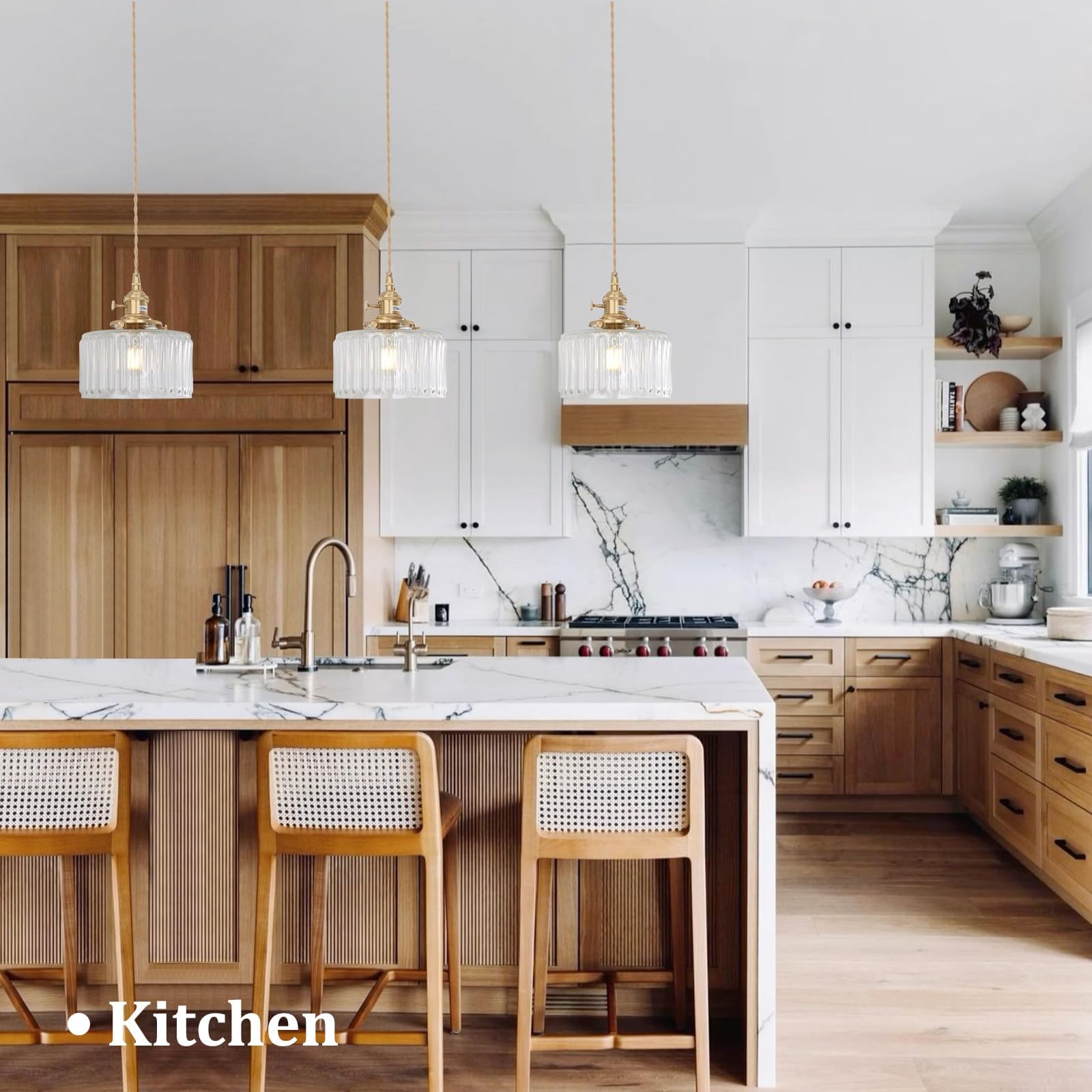 Shenmoyl Pendant Light 2 Pack - Adjustable Brass Vintage Hanging Light with Clear Striped Glass Shade for Kitchen Island, Dining Room, Hallway