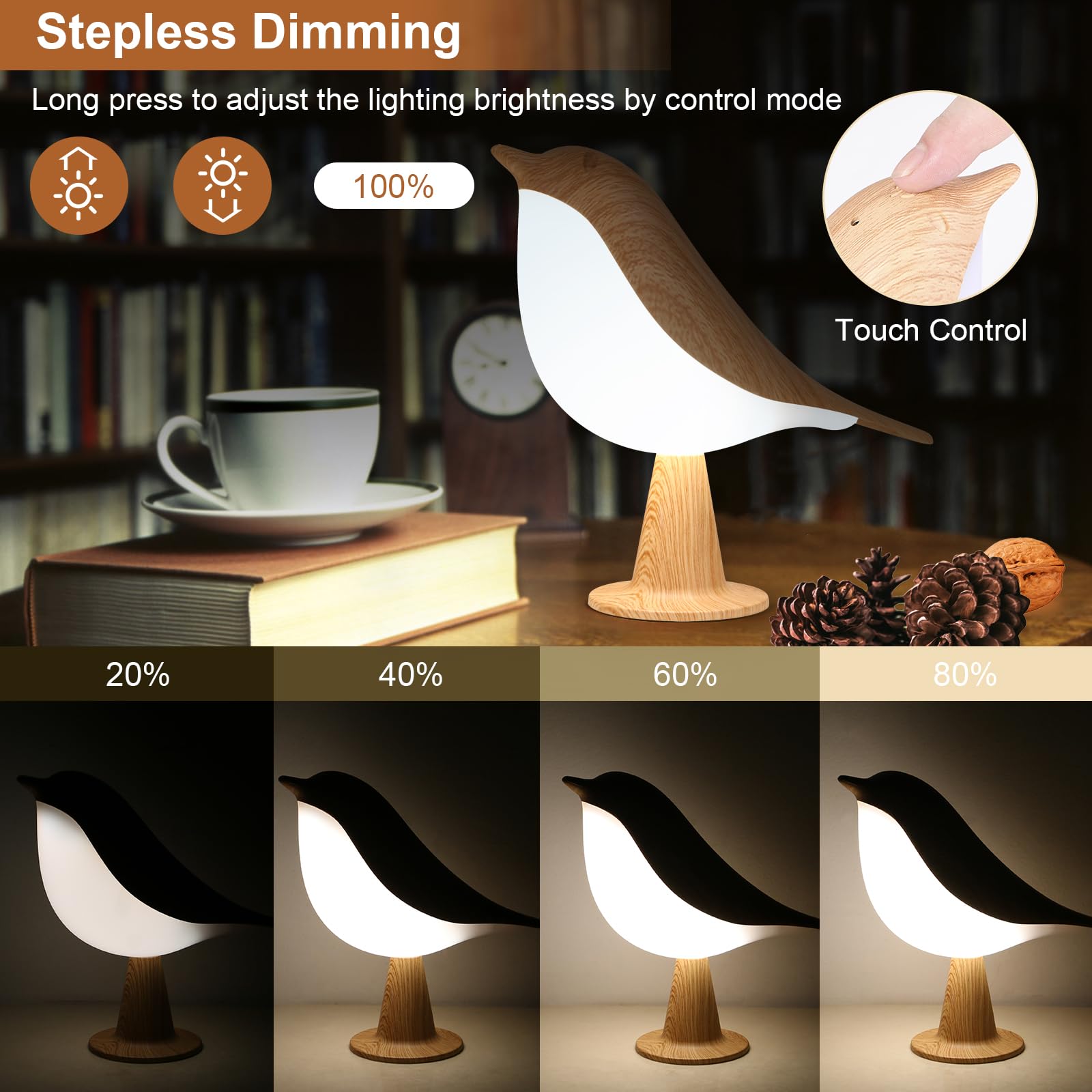 Vomii Small Bird Table Lamp, Cordless Desk Lamp, Touch Control Dimmable Bedside Lamp, 2600Mah Rechargeable Battery Nightstand Lamp, 3-Color Night Light, Portable Cute Lamp For Bedroom, Kids Room