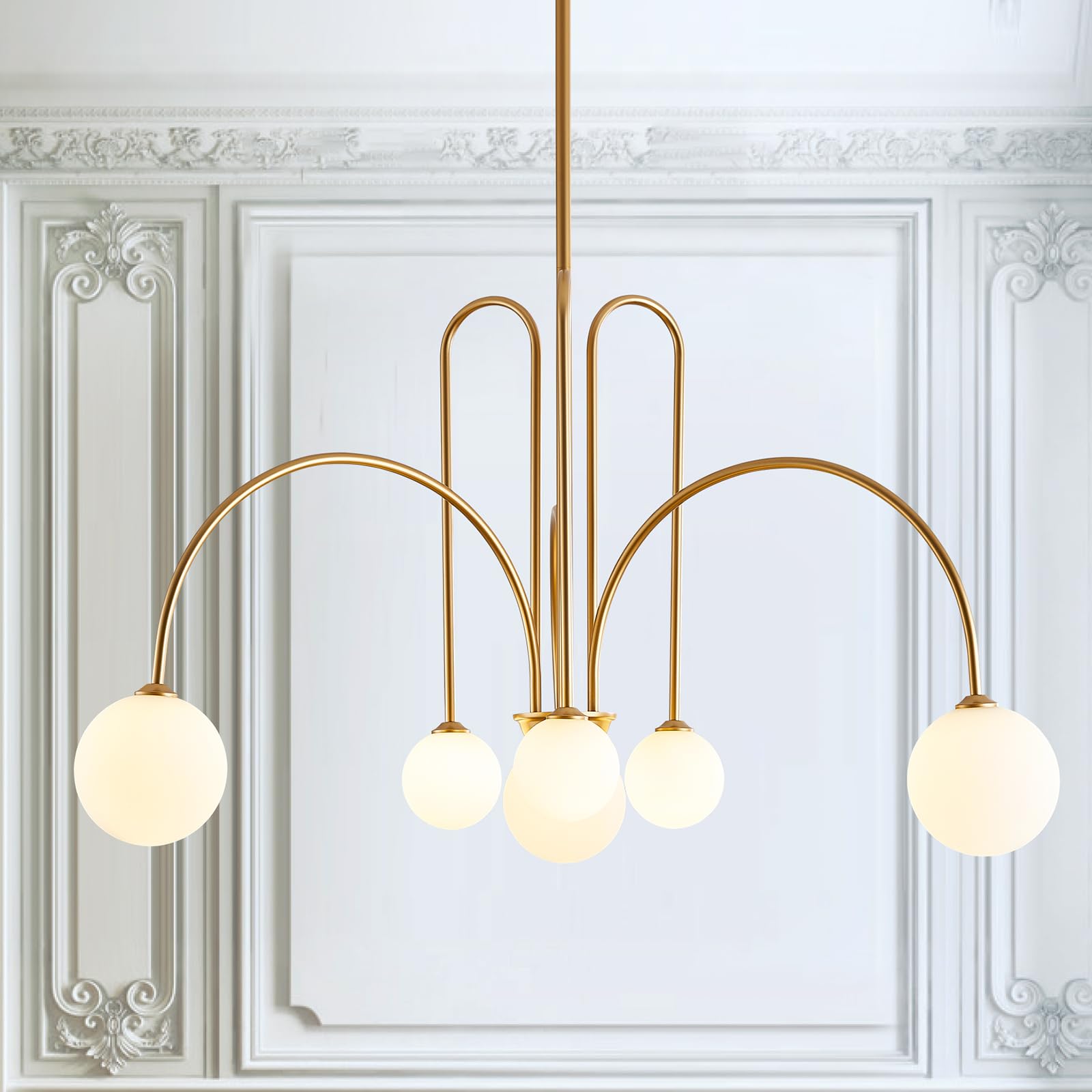 Catiner Gold Sputnik Chandelier,6 Lights Large Modern Chandelier L40”Mid Century Long Ceiling Pendant Light Fixtures For Dining Room With Milk Glass Globe Shades For High Ceiling Foyer Living Room