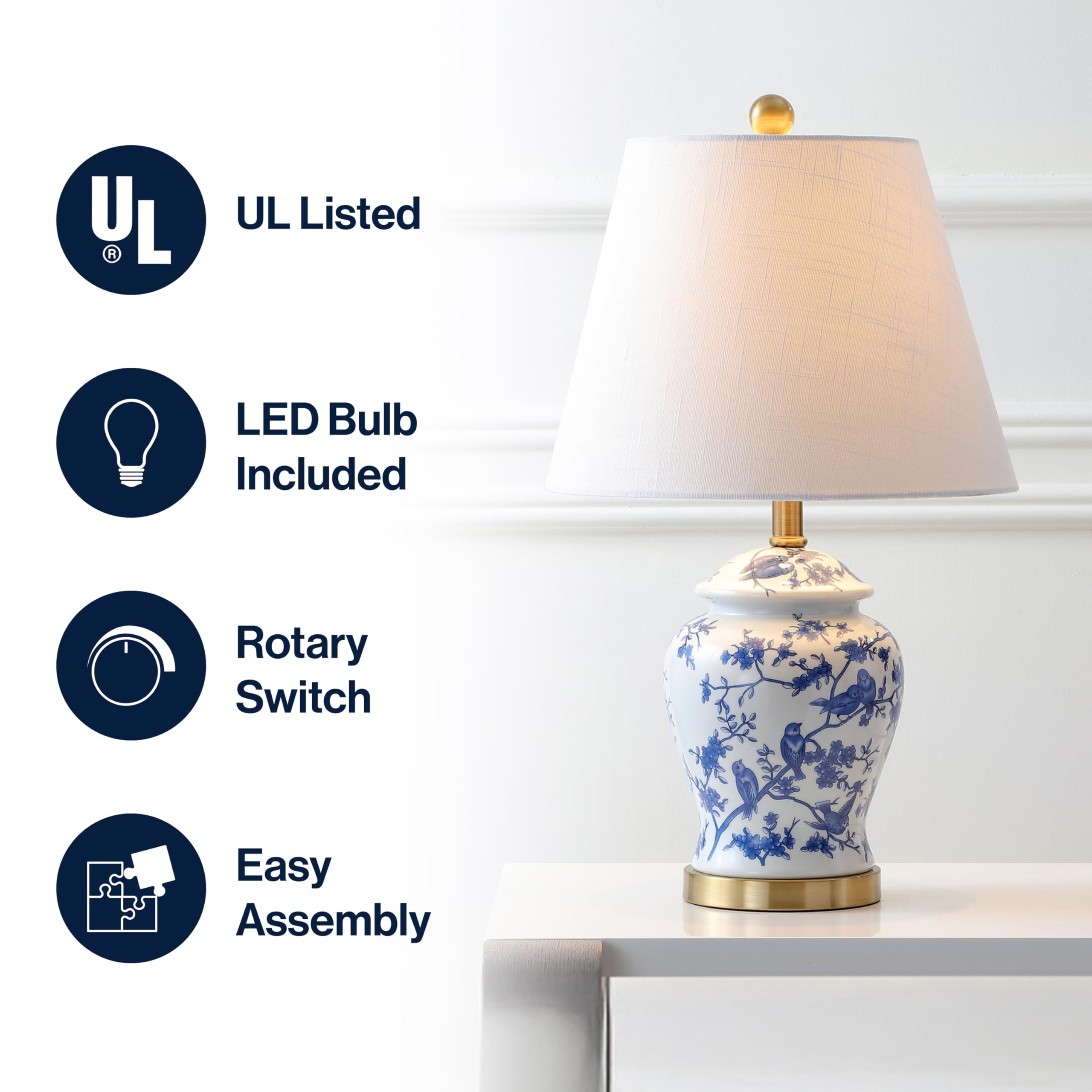 Jonathan Y Penelope 22 Chinoiserie Led Table Lamp, Blue/White Ceramic, Model Jyl3005A, Ideal For Bedroom, Living Room, Office