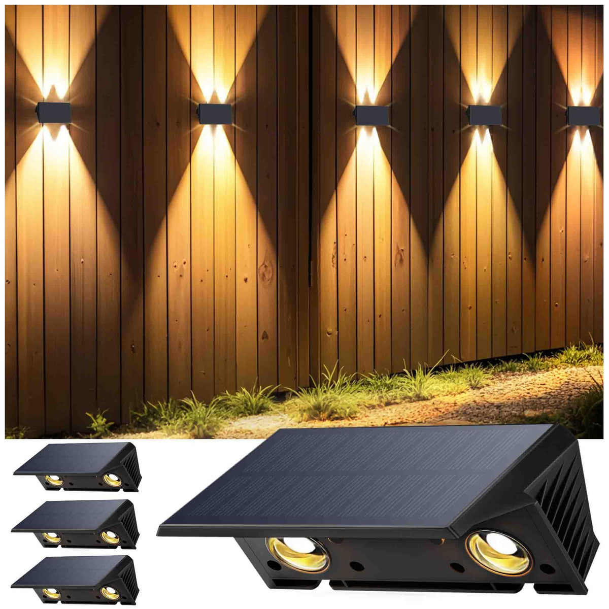 Fence Lights Solar Powered, 4-Pack Solar Fence Lights Up/Down Flexible Buttons, Ip67 Waterproof For Outdoor, 100Lm Bright, Auto