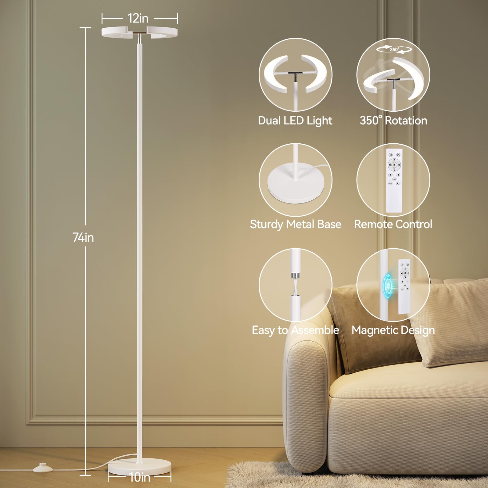 SUNMORY LED Floor Lamp with Remote, 28W, 1600LM, 74in Dimmable Tall Standing Lamp, Modern Iron Design, White, Model FLD-032-XO