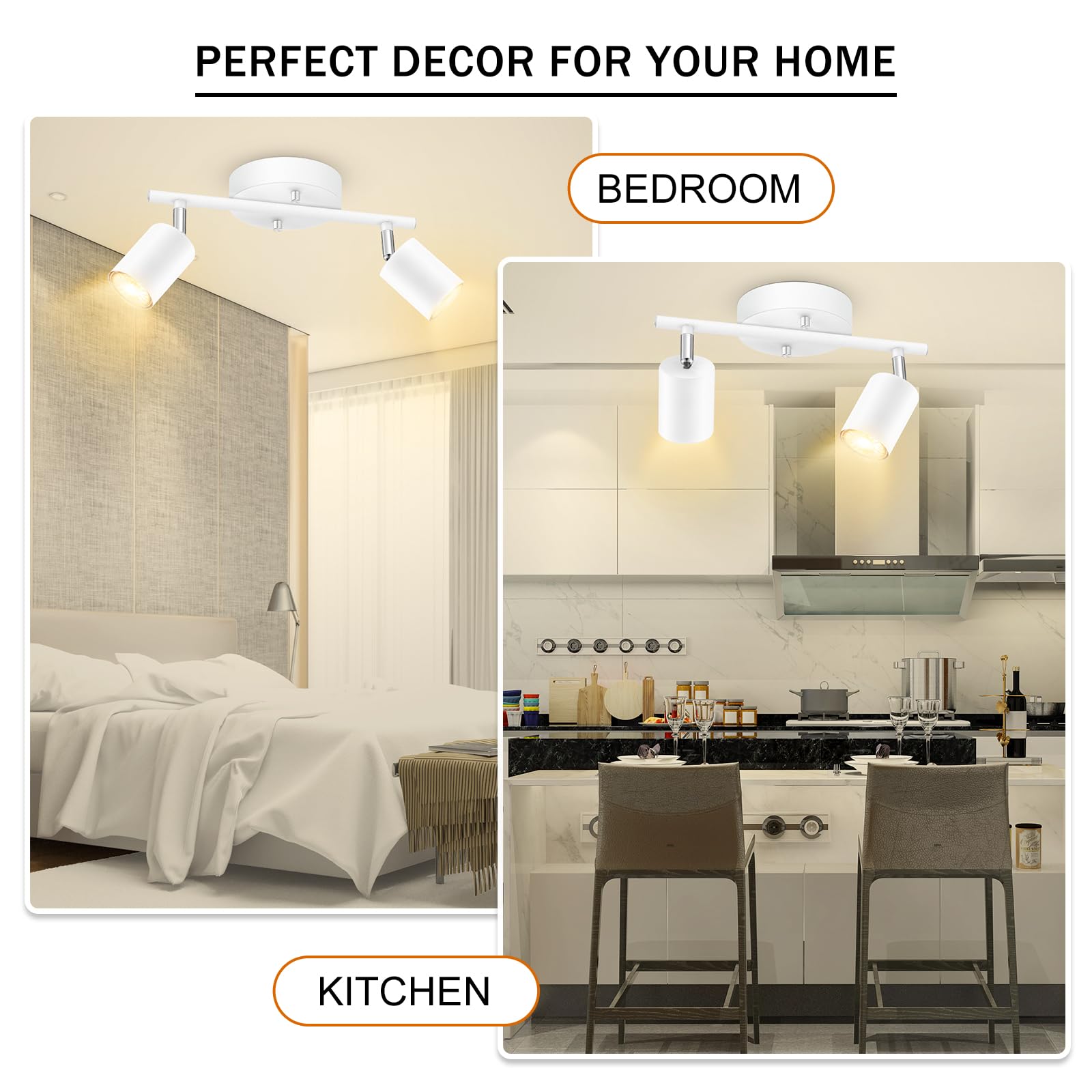 Boostarea Led 2 Light Track Lighting Kit, White 2 Way Ceiling Spot Lighting, Flexibly Rotatable Light Head For Kitchen, Living R