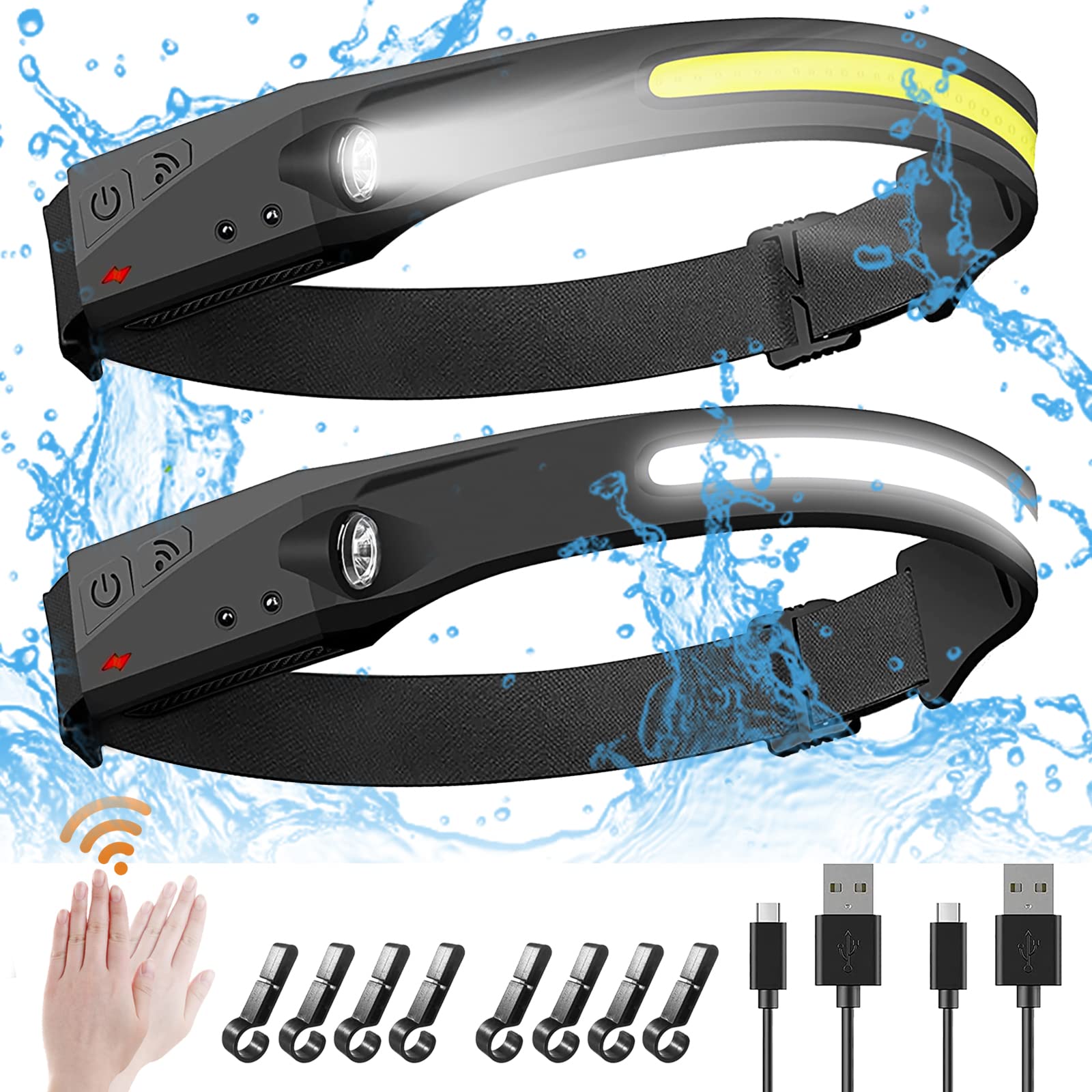 Jimejv Rechargeable Headlamp 2 Pack - 230° Wide Beam, 5 Modes, Motion Sensor, Waterproof