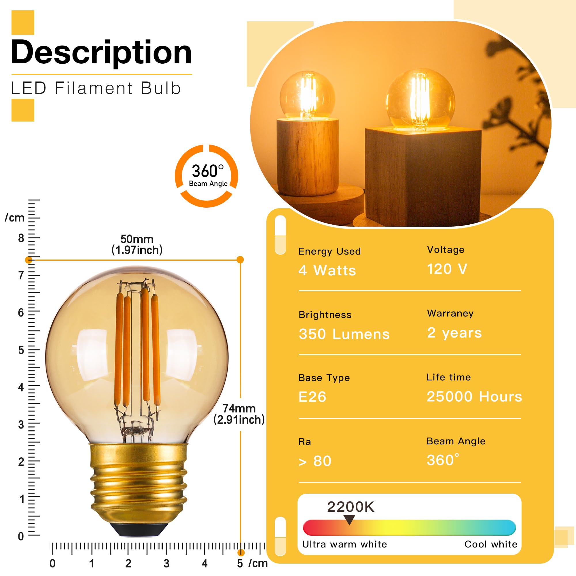 Genixgreen Dimmable E26 Amber LED Bulb 4W G16.5 Vintage Globe 2 Pack Soft White 2200K