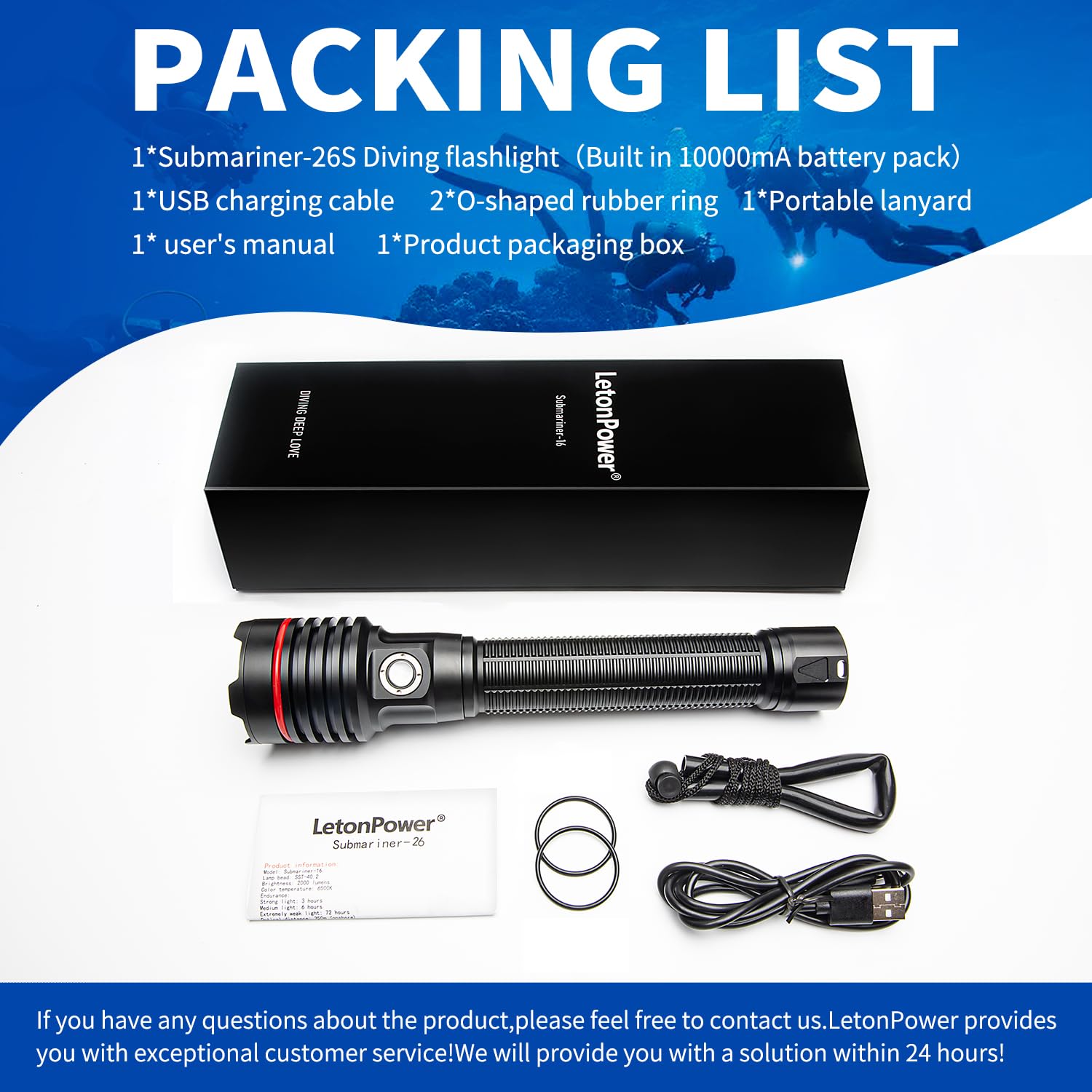 LetonPower Diving Flashlight, SM-26S, 5000 Lumens, 100m Waterproof, Aluminum, Standard Size, Type-C Charging