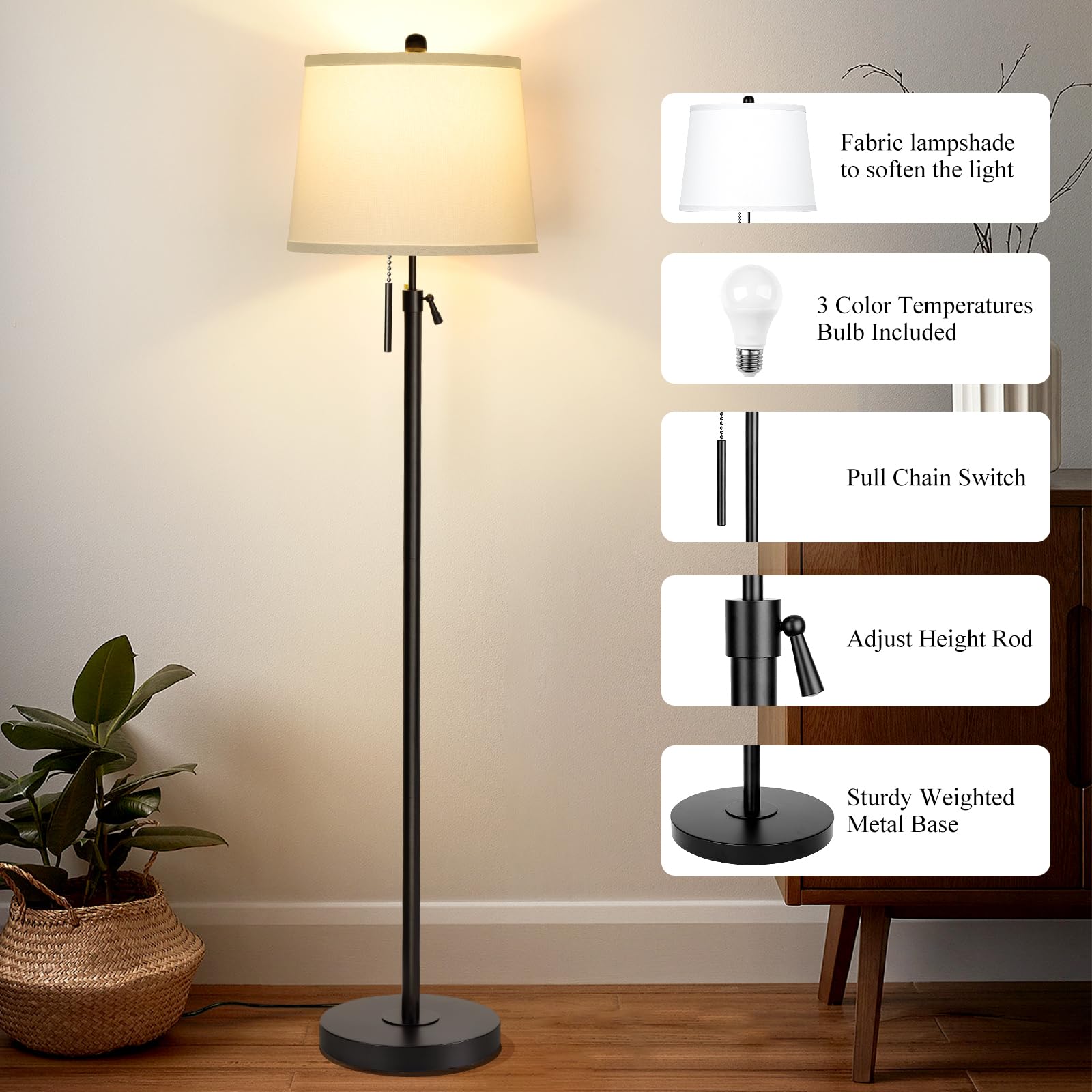 JUNNAI Black Floor Lamp - Adjustable Height, 55-65 inches, Metal & Fabric, Modern Design with White Shade & 9W LED Bulb Included