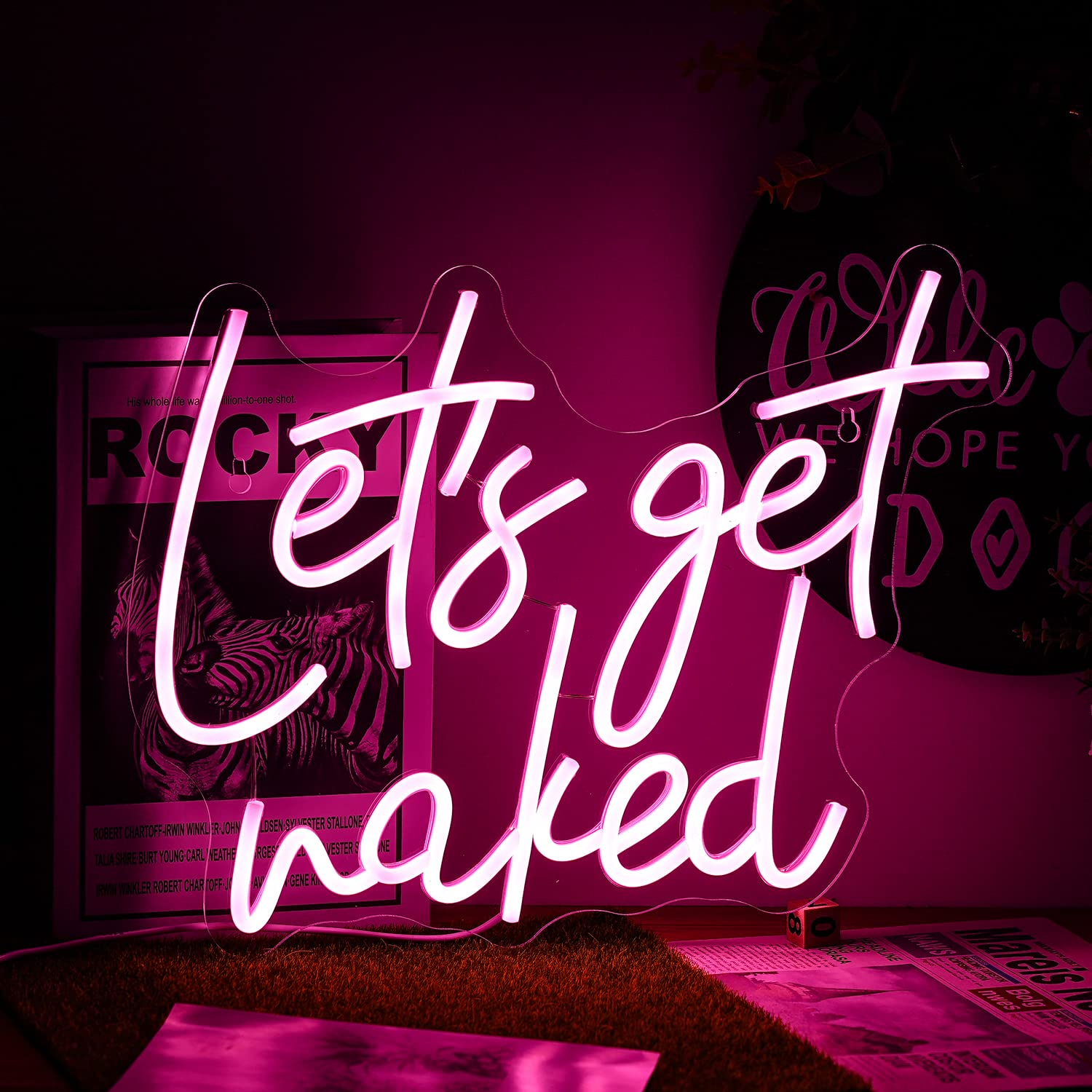 Alkkign Neon Sign Dimmable Pink LED Wall Light for Bedroom Decor, 15.7inx11.8in, Model: LETS GET NSKED