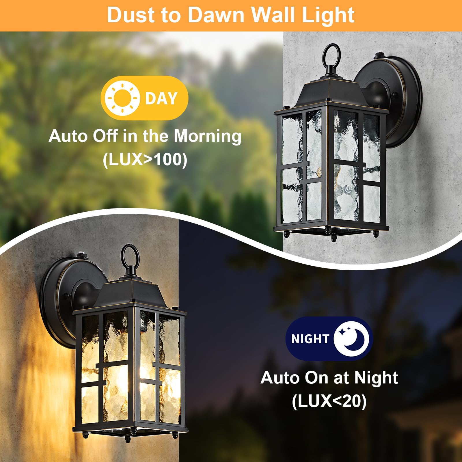 OKELI 2-Pack Dusk to Dawn Outdoor Wall Lights, Aluminum, 9.3", Weatherproof, Black & Gold-Trim, Model OK100-S2P-BG
