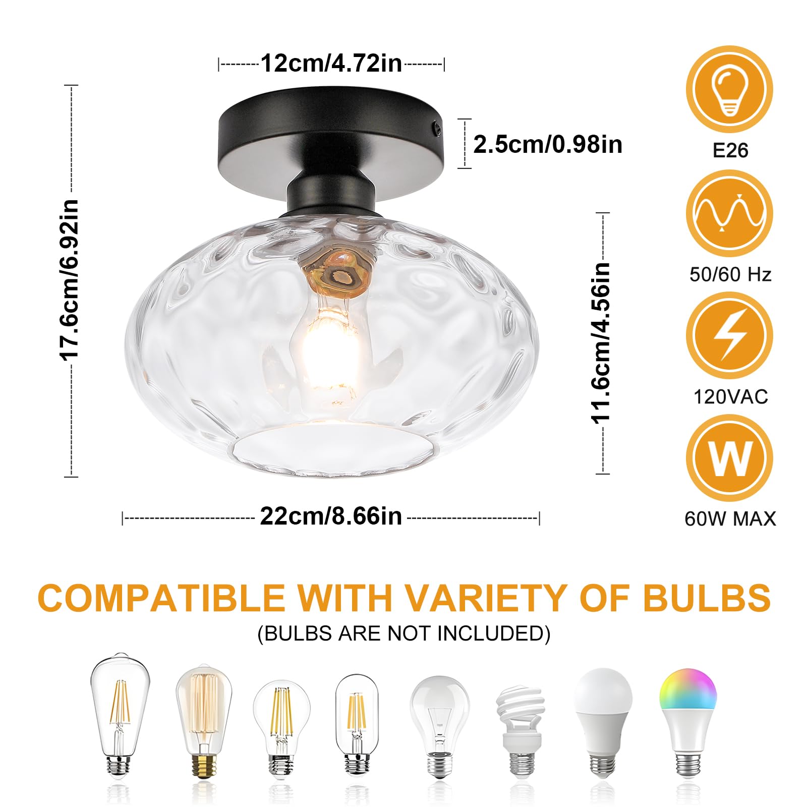 Wilon Industrial Semi Flush Mount - 8.66'' Hammered Clear Glass Ceiling Light Fixture - Black Bathroom Light - Kitchen, Bedroom,