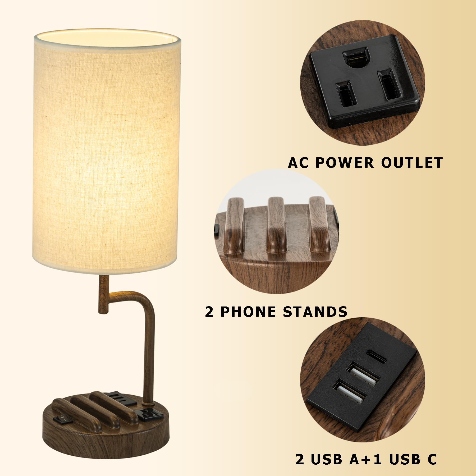 Dreamholder Table Lamp with 3 USB Ports, AC Outlet, Phone Stands, Pack of 2, Walnut, Model DH9099