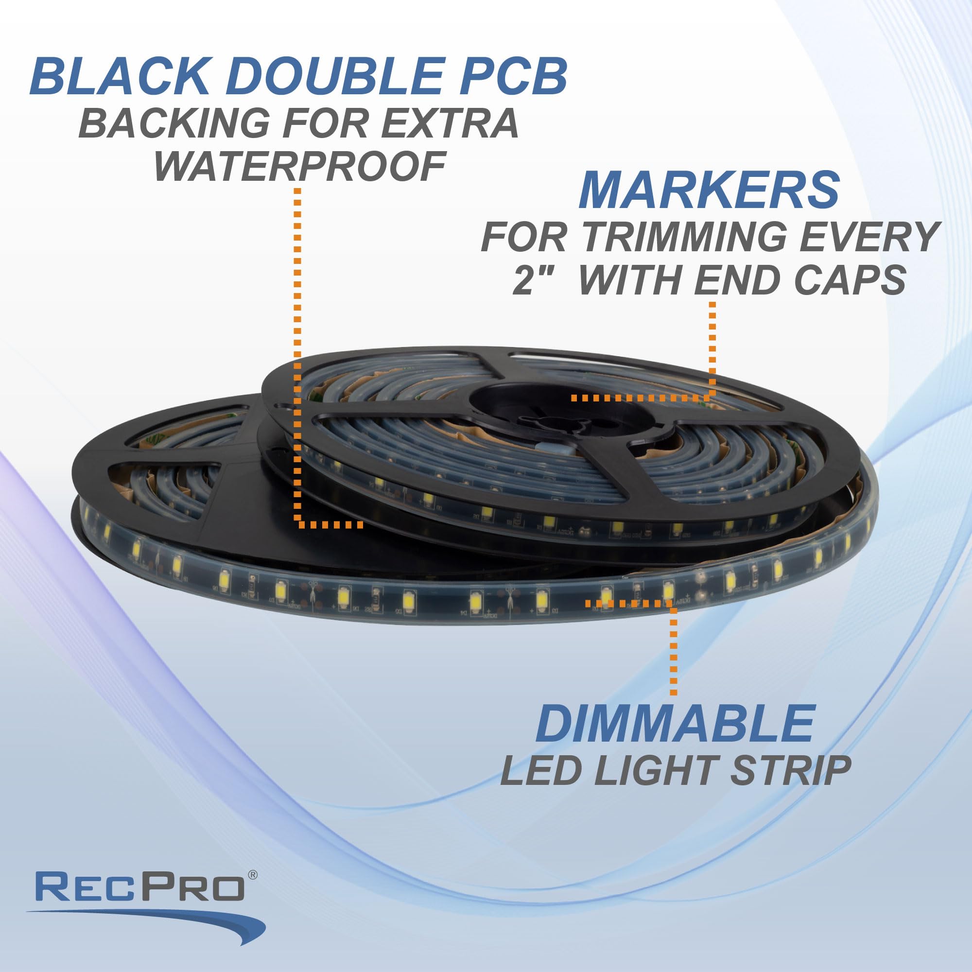 Recpro 20' Blue Led Strip Light W/White Backing | Ip68 Waterproof Rating | Boat (Marine) Led Strip Light | Automobile Led Strip Light | Motorcycle Led Strip Light | Indoor/Outdoor Led Strip Light