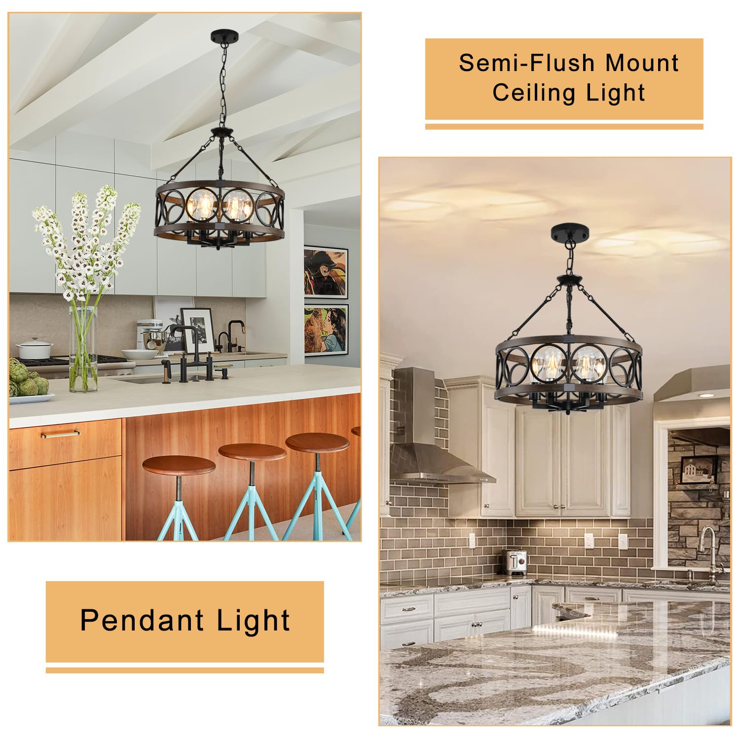 SHIANDAR Rustic 6-Light Farmhouse Chandelier, Black with Chain, Vintage Ceiling Lighting for Dining Room, Entryway, Kitchen Island