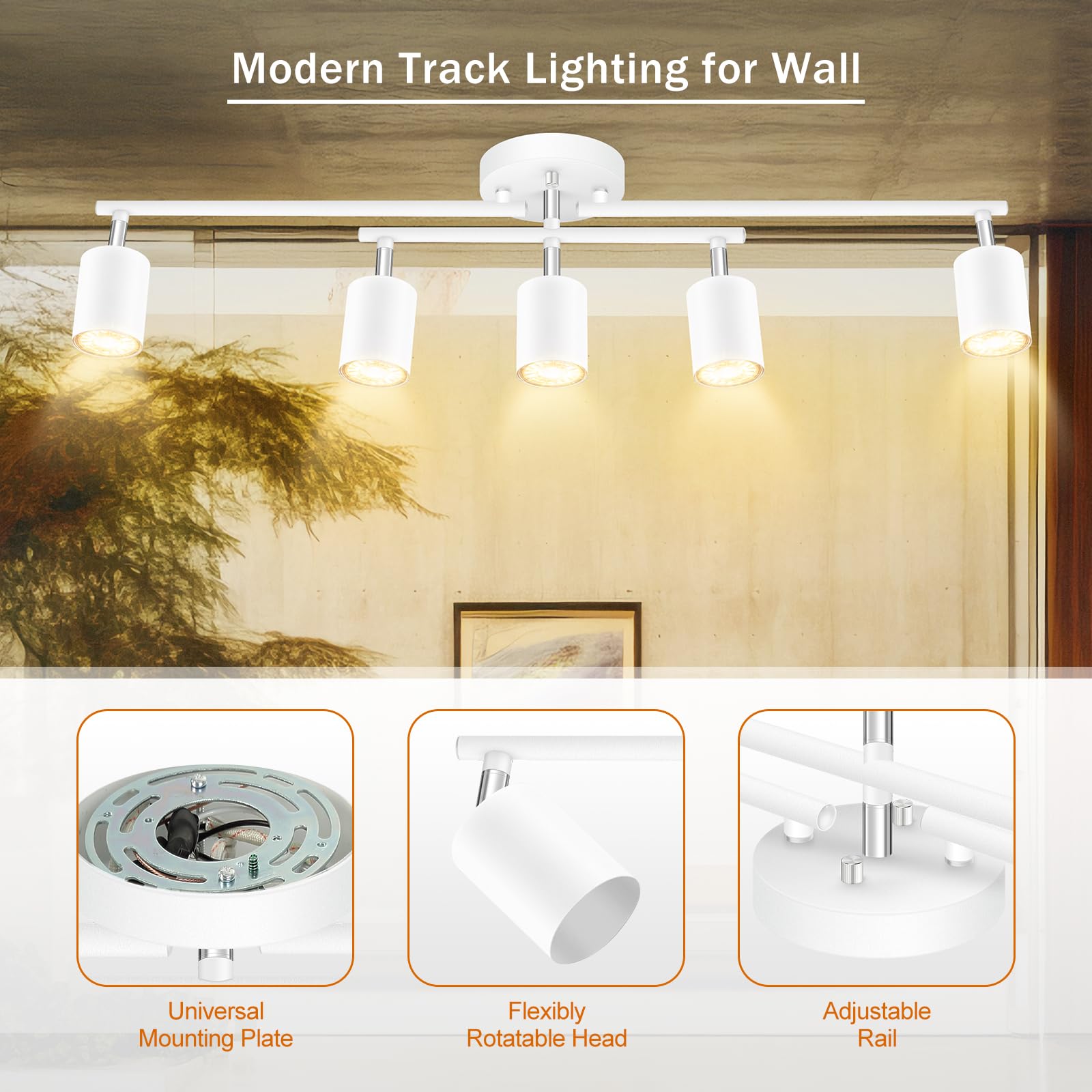 White Track Lighting Kitchen, 5 Way Modern Flexible Spot Ceiling Kit, Industrial Led Lights For Room Hallway Bedroom(Gu10 Socket