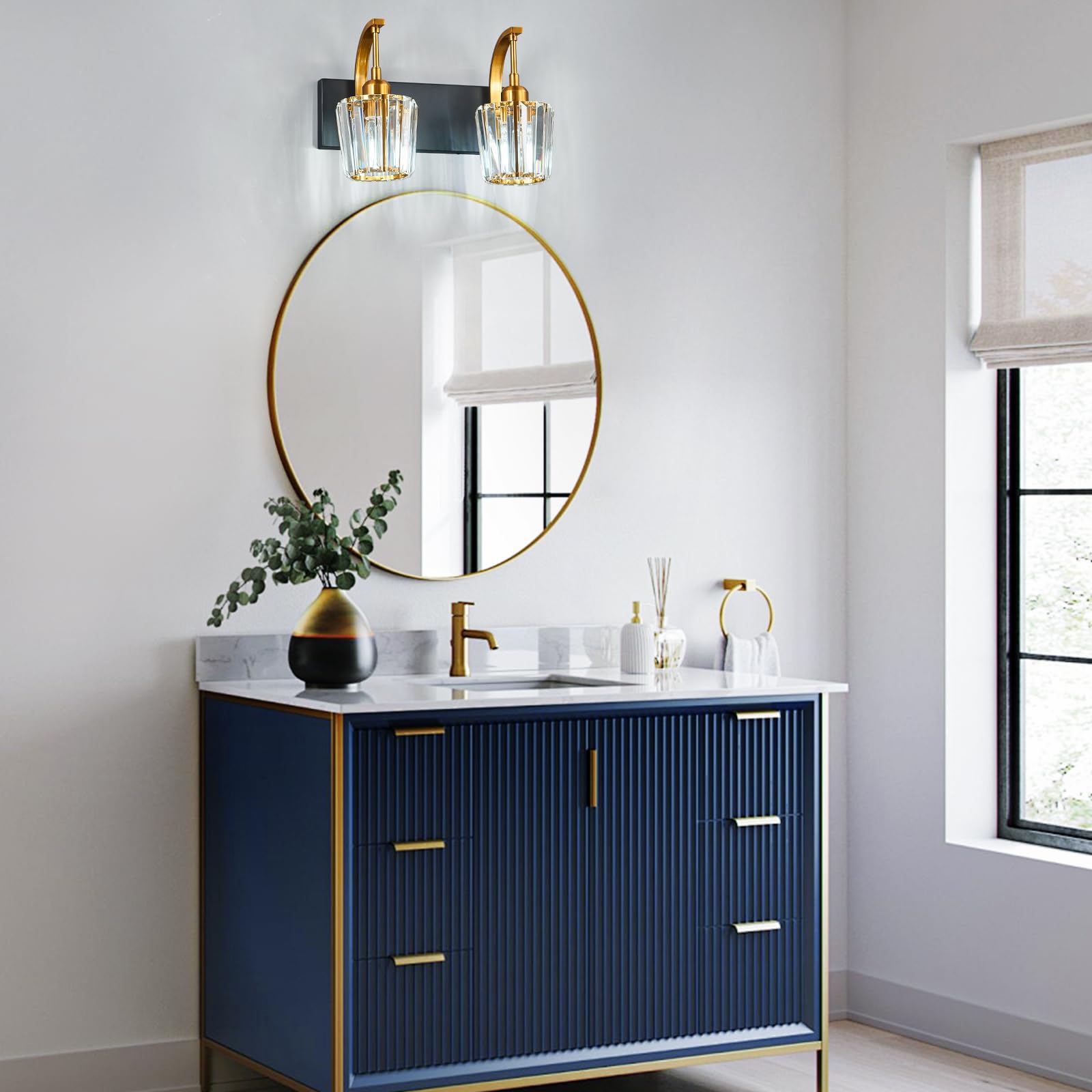 Fdpby Modern Bathroom Vanity Light  2-Light Black Gold Wall Sconce With Crystal Accents  Over Mirror Bathroom Lighting Fixture  13.77 Long Dimmable Vanity Lamp For Makeup  Easy Installation