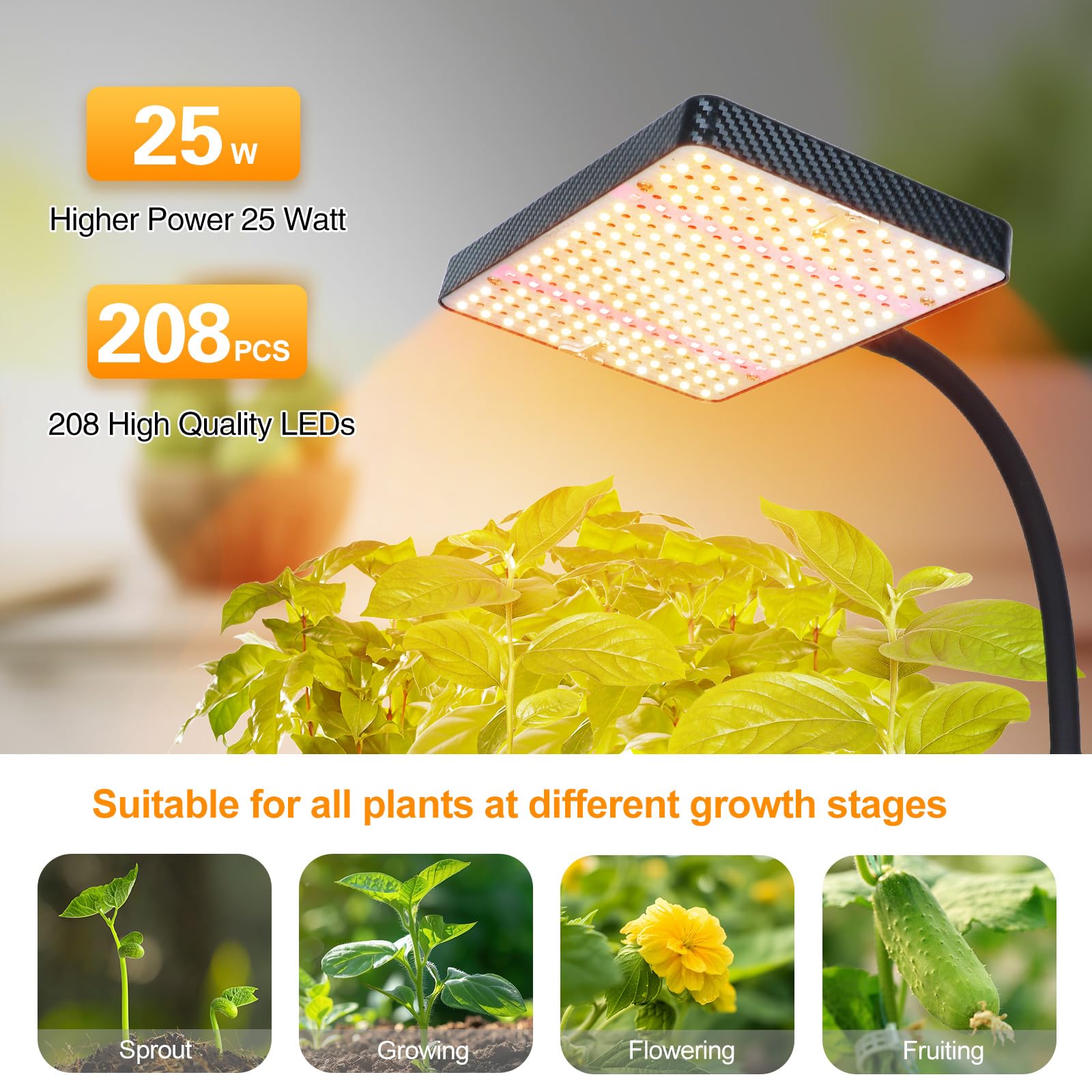Fecida Grow Lights For Indoor Plants Full Spectrum, Desk Grow Light, 4/8/12 Hr Timer Table Top Houseplants Grow Lamp, 208Pcs Leds, 2000 Lumen, Bright Enough, 16&quot;-24&quot; Height Adjustable